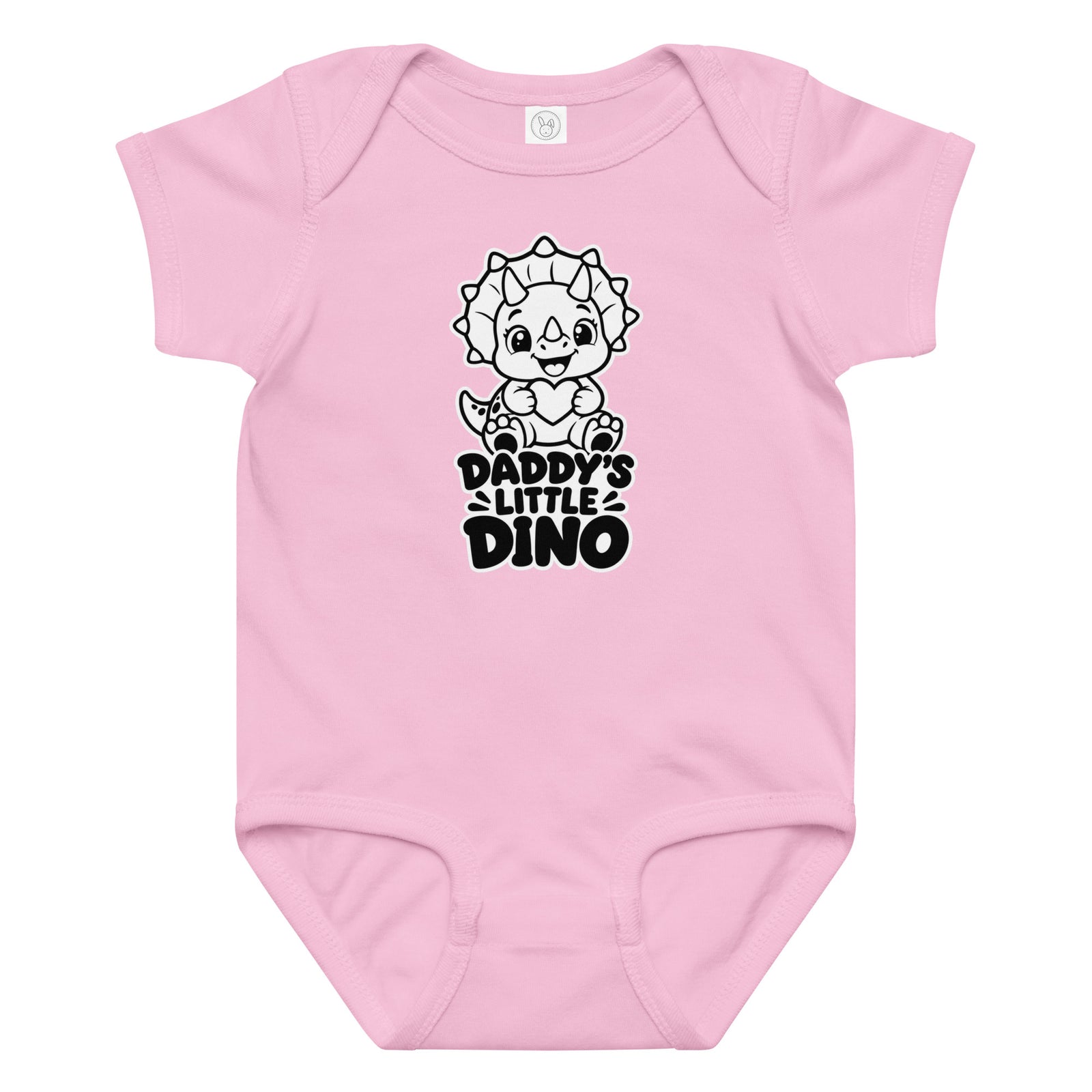 Daddy's Little Dino baby dinosaur bodysuit in Pink, black and white baby triceratops hugging a heart above DADDY'S LITTLE DINO text, front view