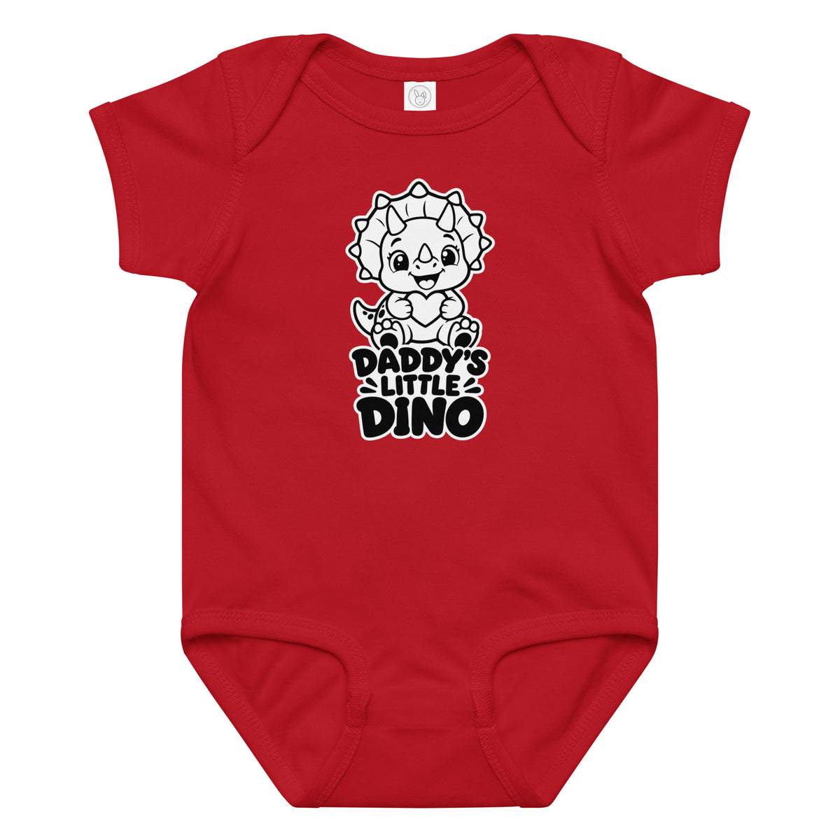 Daddy's Little Dino baby dinosaur bodysuit in Red, black and white baby triceratops hugging a heart above DADDY'S LITTLE DINO text, front view