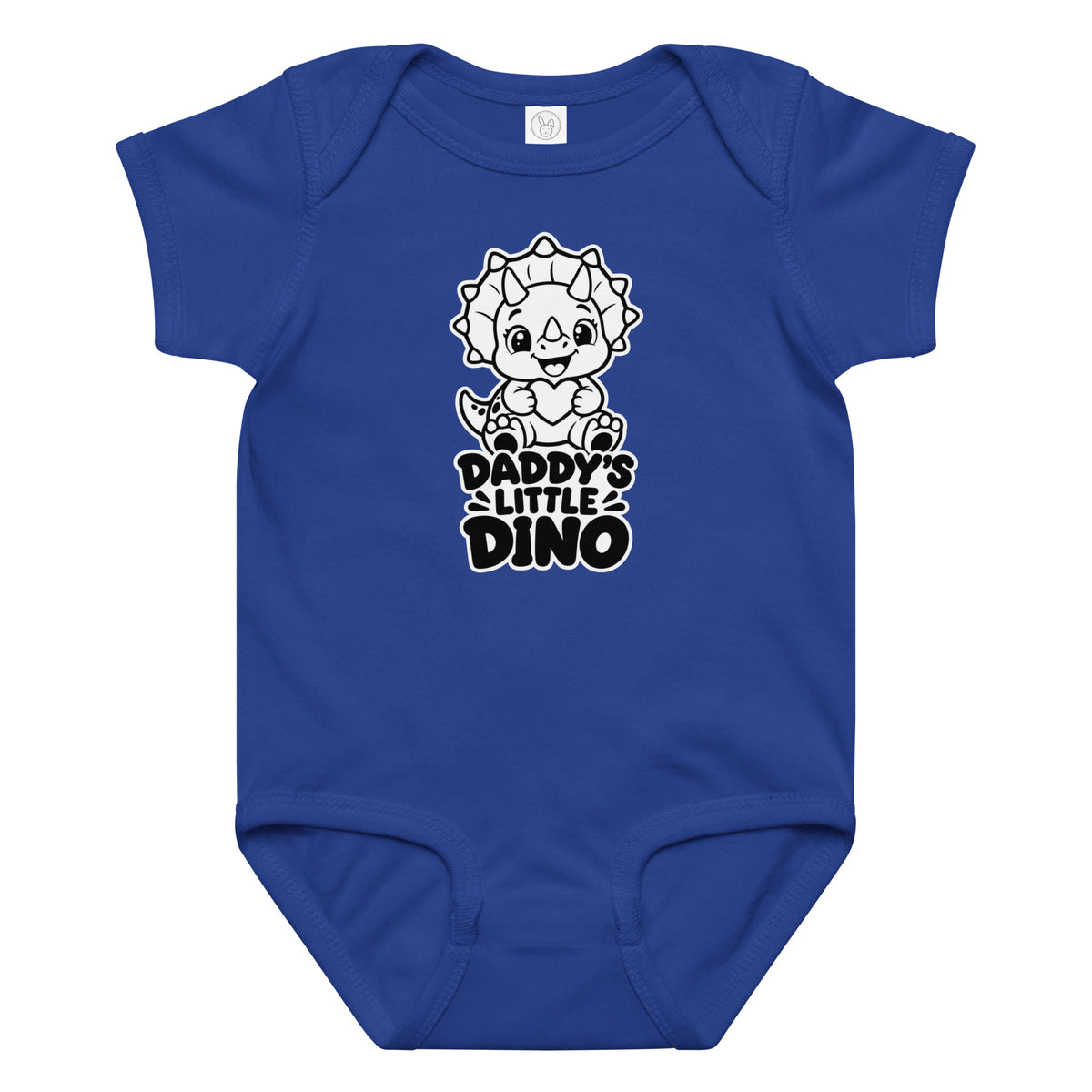 Daddy's Little Dino baby dinosaur bodysuit in Royal, black and white baby triceratops hugging a heart above DADDY'S LITTLE DINO text, front view