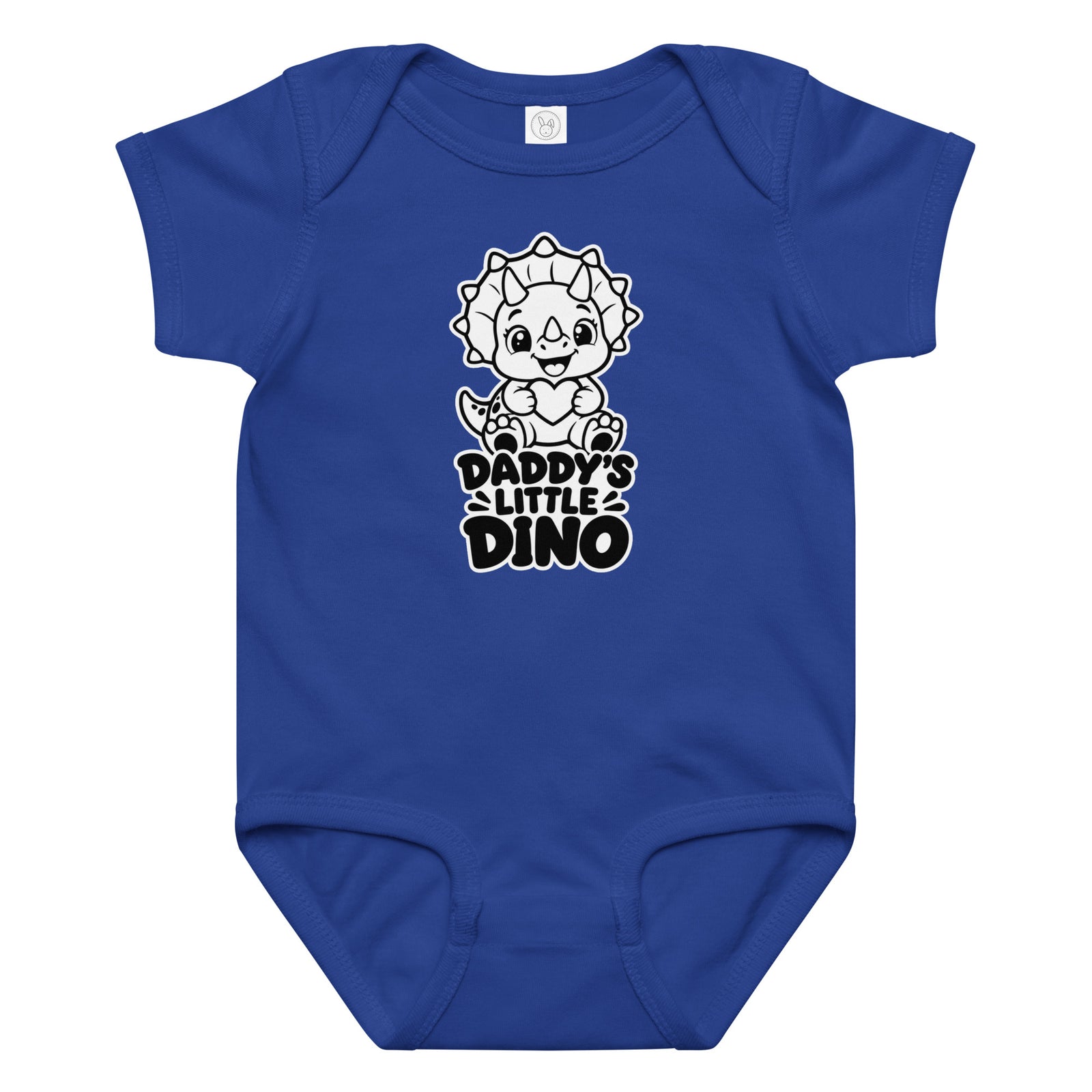 Daddy's Little Dino baby dinosaur bodysuit in Royal, black and white baby triceratops hugging a heart above DADDY'S LITTLE DINO text, front view