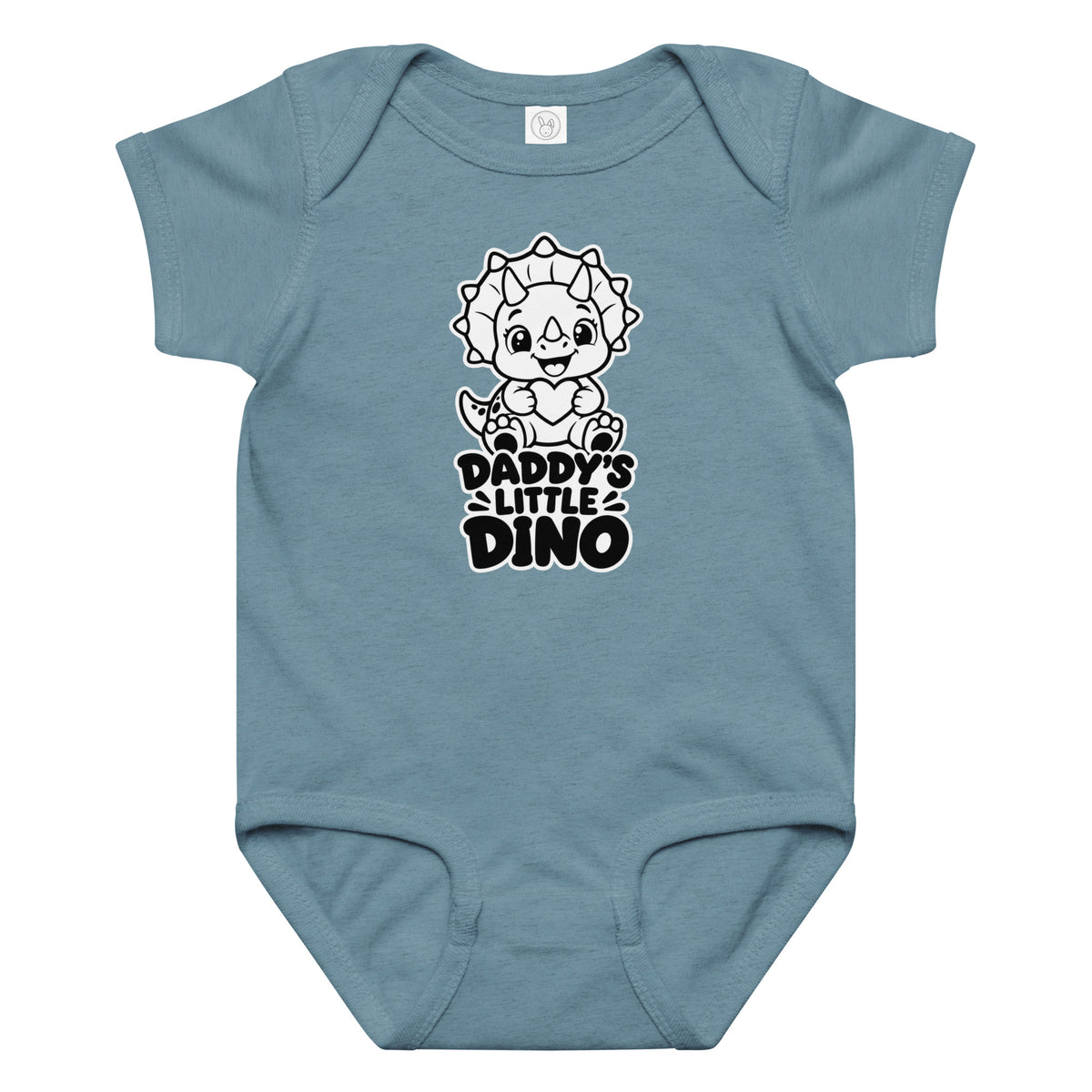 Daddy's Little Dino baby dinosaur bodysuit in Vintage Indigo, black and white baby triceratops hugging a heart above DADDY'S LITTLE DINO text, front view