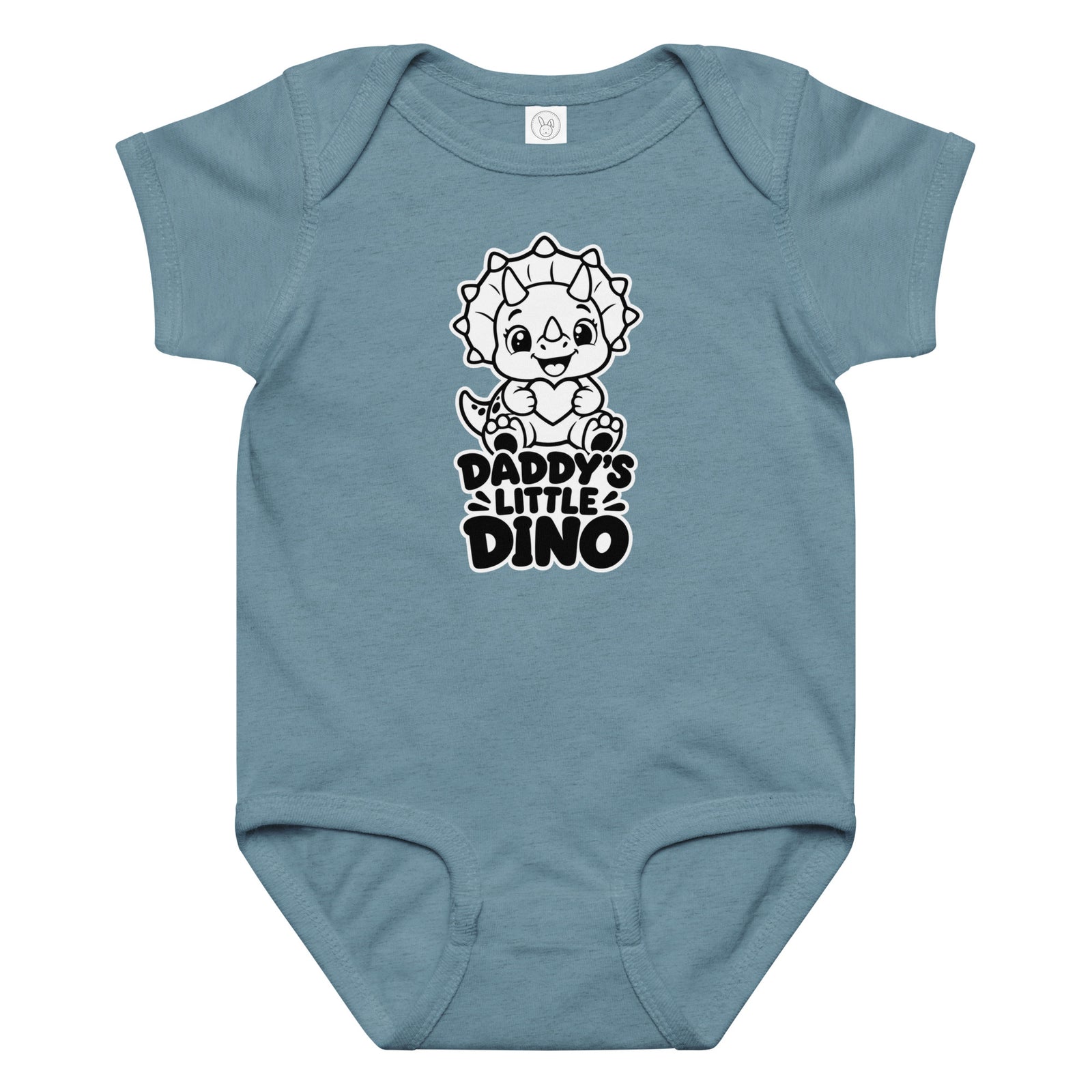 Daddy's Little Dino baby dinosaur bodysuit in Vintage Indigo, black and white baby triceratops hugging a heart above DADDY'S LITTLE DINO text, front view