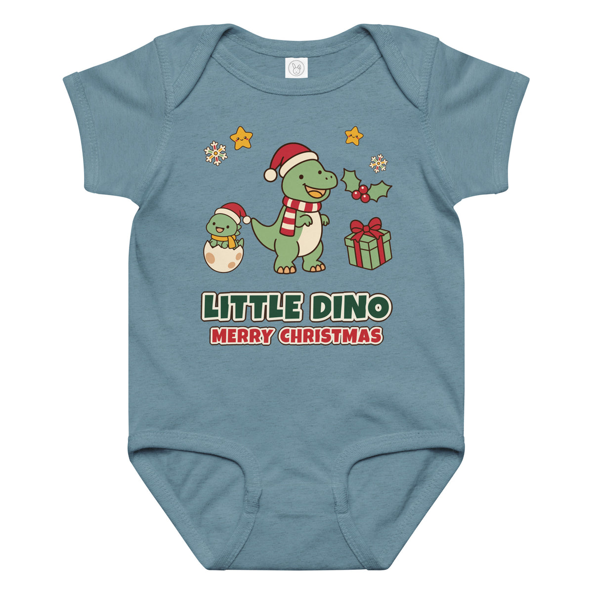 Little Dino Merry Christmas baby dinosaur Christmas bodysuit with Santa hat T-Rex - Vintage Indigo - front view