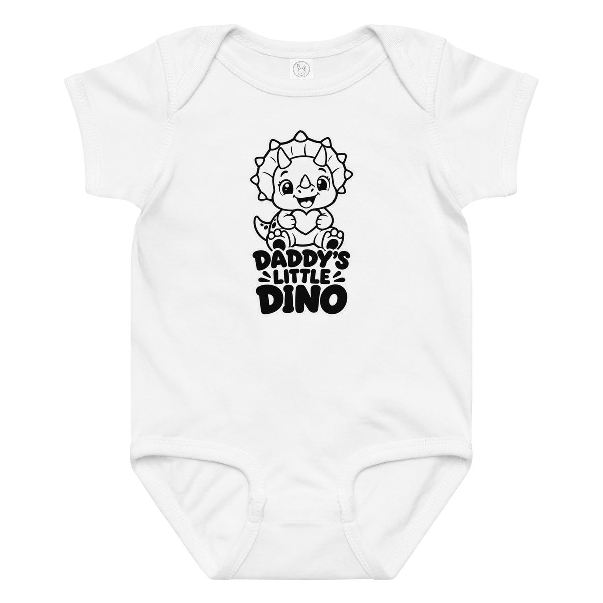Daddy's Little Dino baby dinosaur bodysuit in White, black and white baby triceratops hugging a heart above DADDY'S LITTLE DINO text, front view