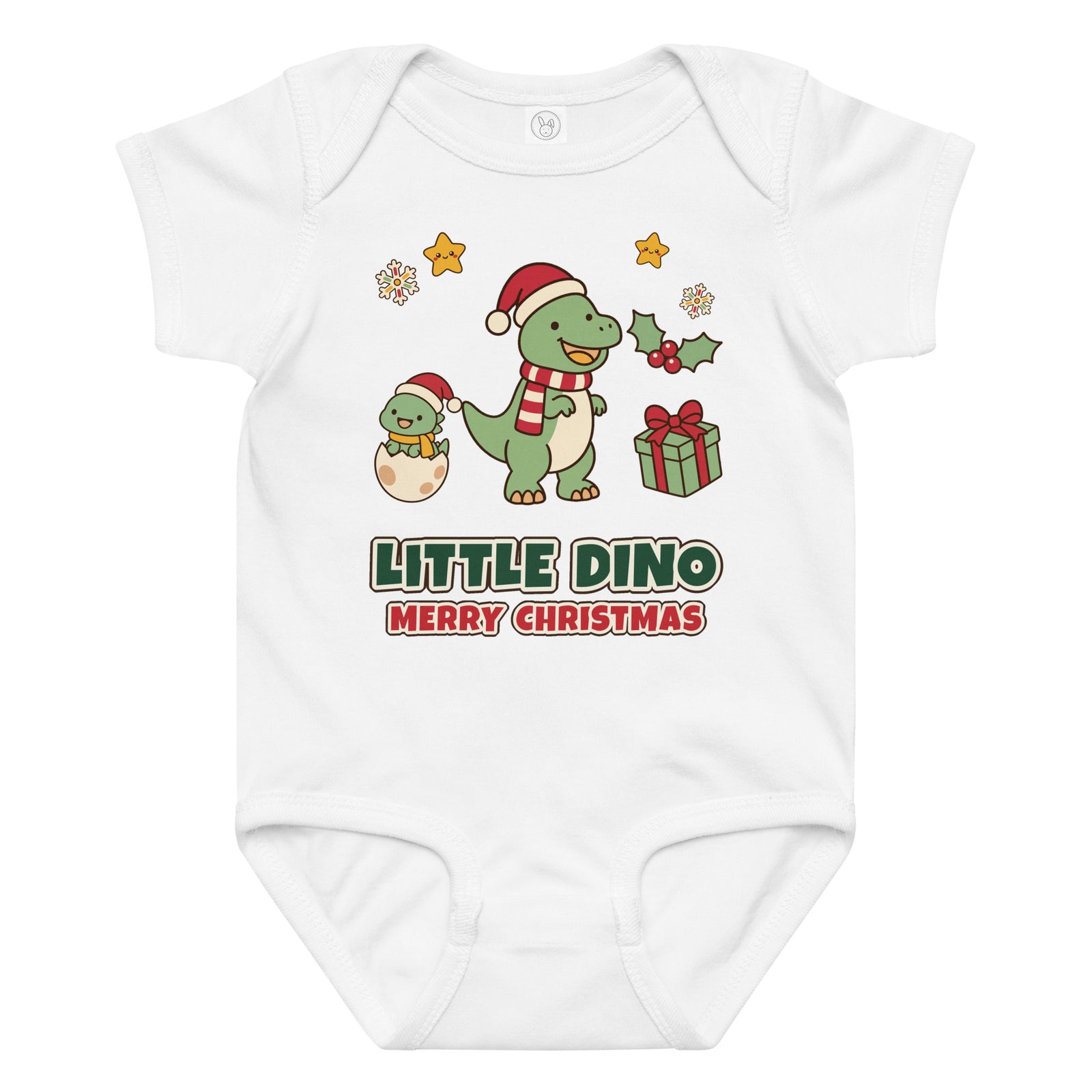 Little Dino Merry Christmas baby dinosaur Christmas bodysuit with Santa hat T-Rex - White - front view