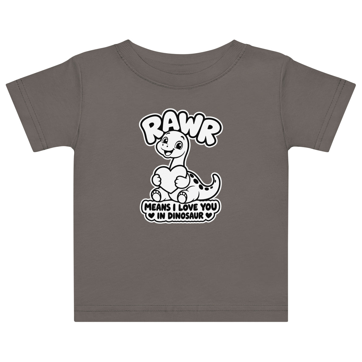 Rawr Means I Love You baby dinosaur t-shirt in Charcoal, black and white baby brontosaurus hugging a heart under RAWR text, front view