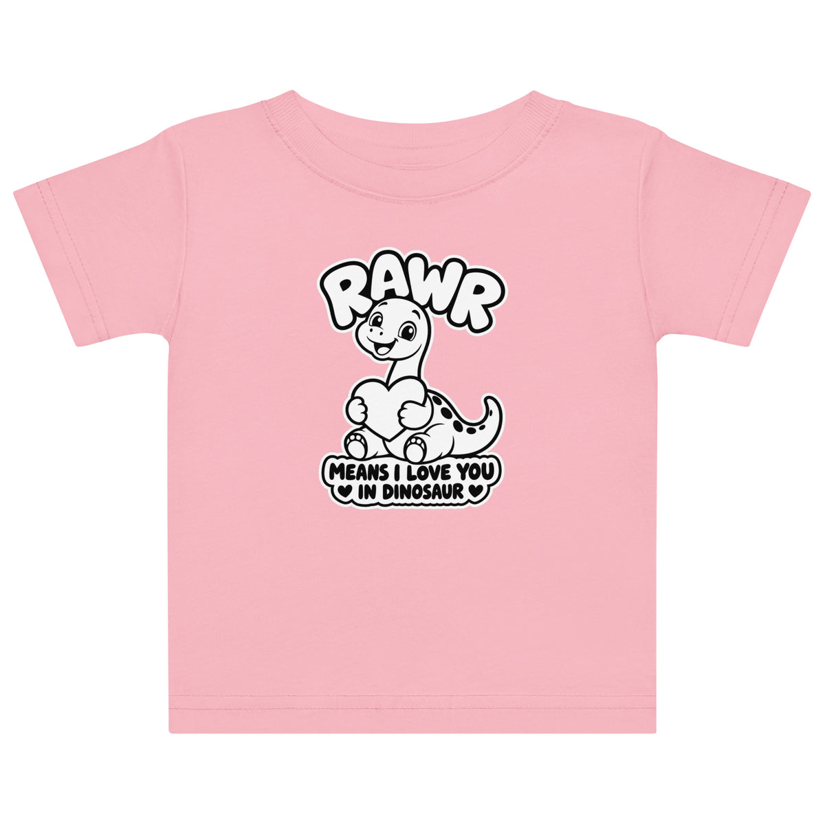 Rawr Means I Love You baby dinosaur t-shirt in Pink, black and white baby brontosaurus hugging a heart under RAWR text, front view