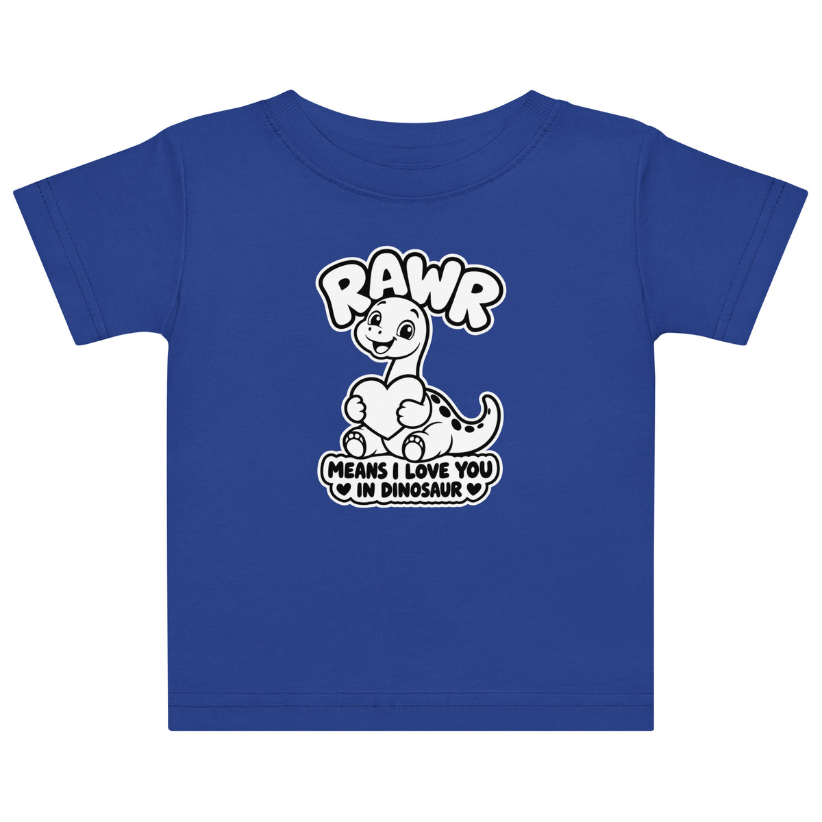 Rawr Means I Love You baby dinosaur t-shirt in Royal, black and white baby brontosaurus hugging a heart under RAWR text, front view