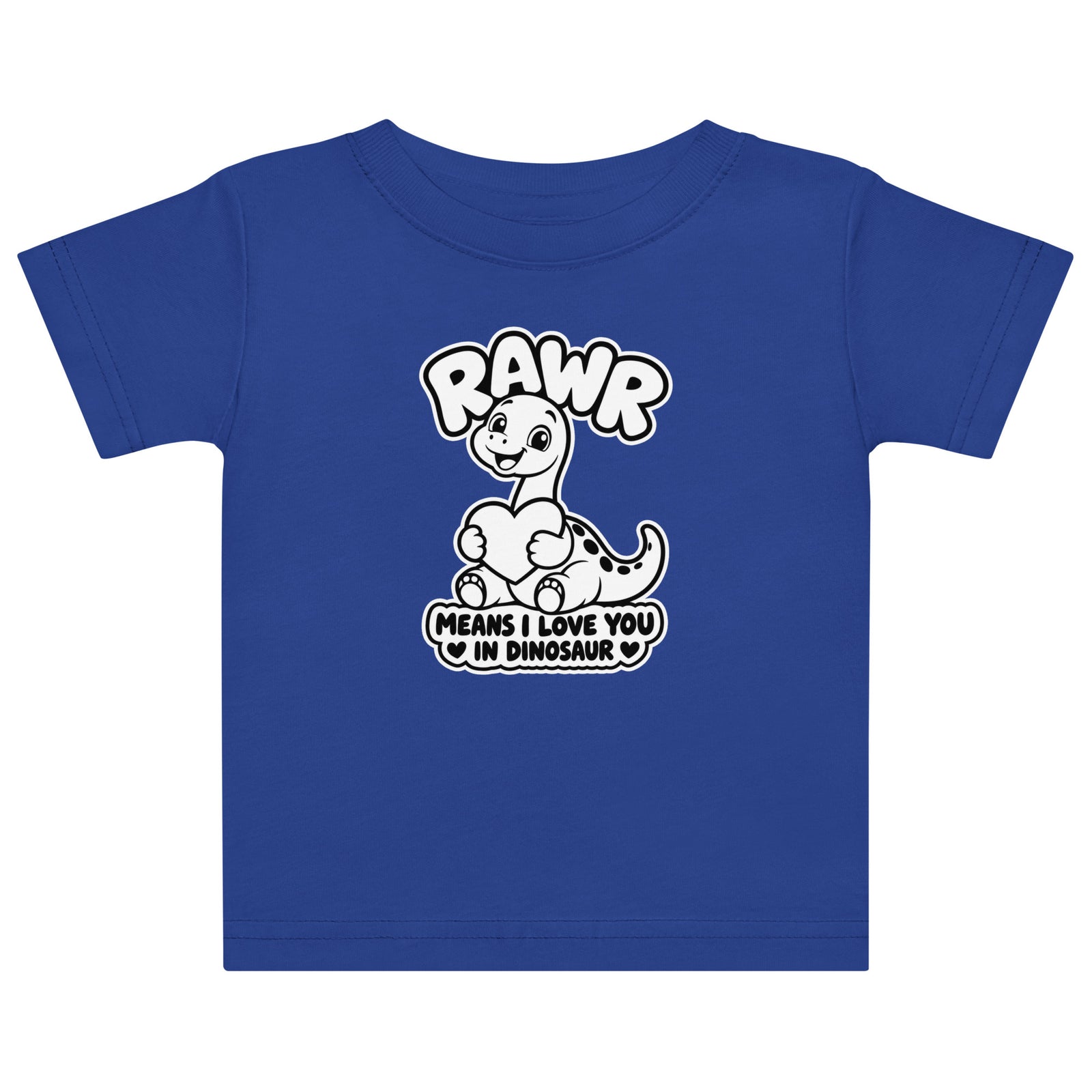 Rawr Means I Love You baby dinosaur t-shirt in Royal, black and white baby brontosaurus hugging a heart under RAWR text, front view
