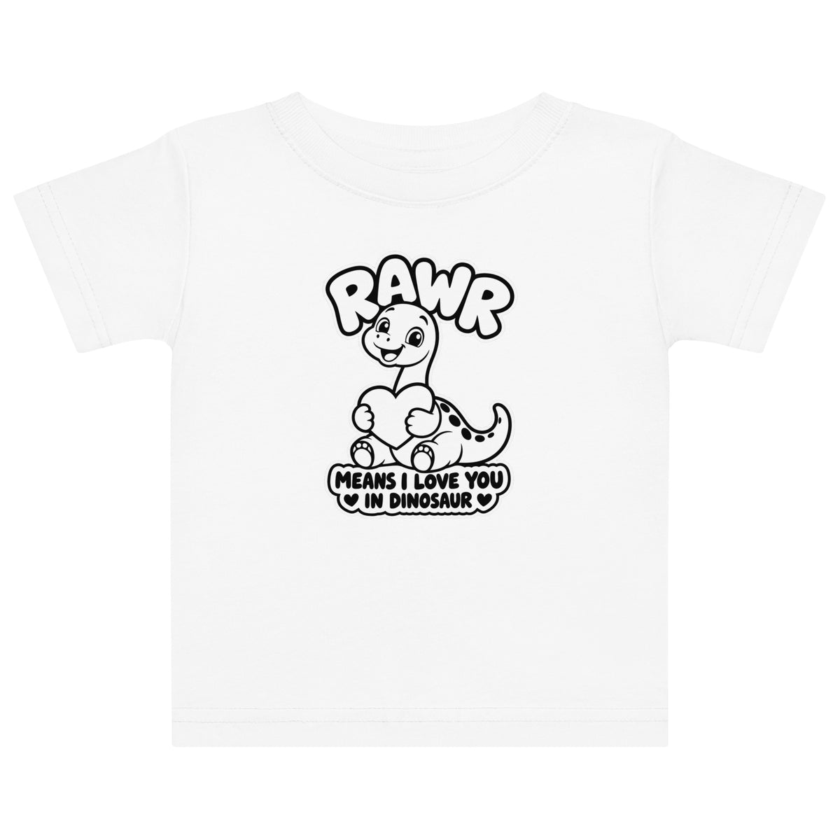Rawr Means I Love You baby dinosaur t-shirt in White, black and white baby brontosaurus hugging a heart under RAWR text, front view
