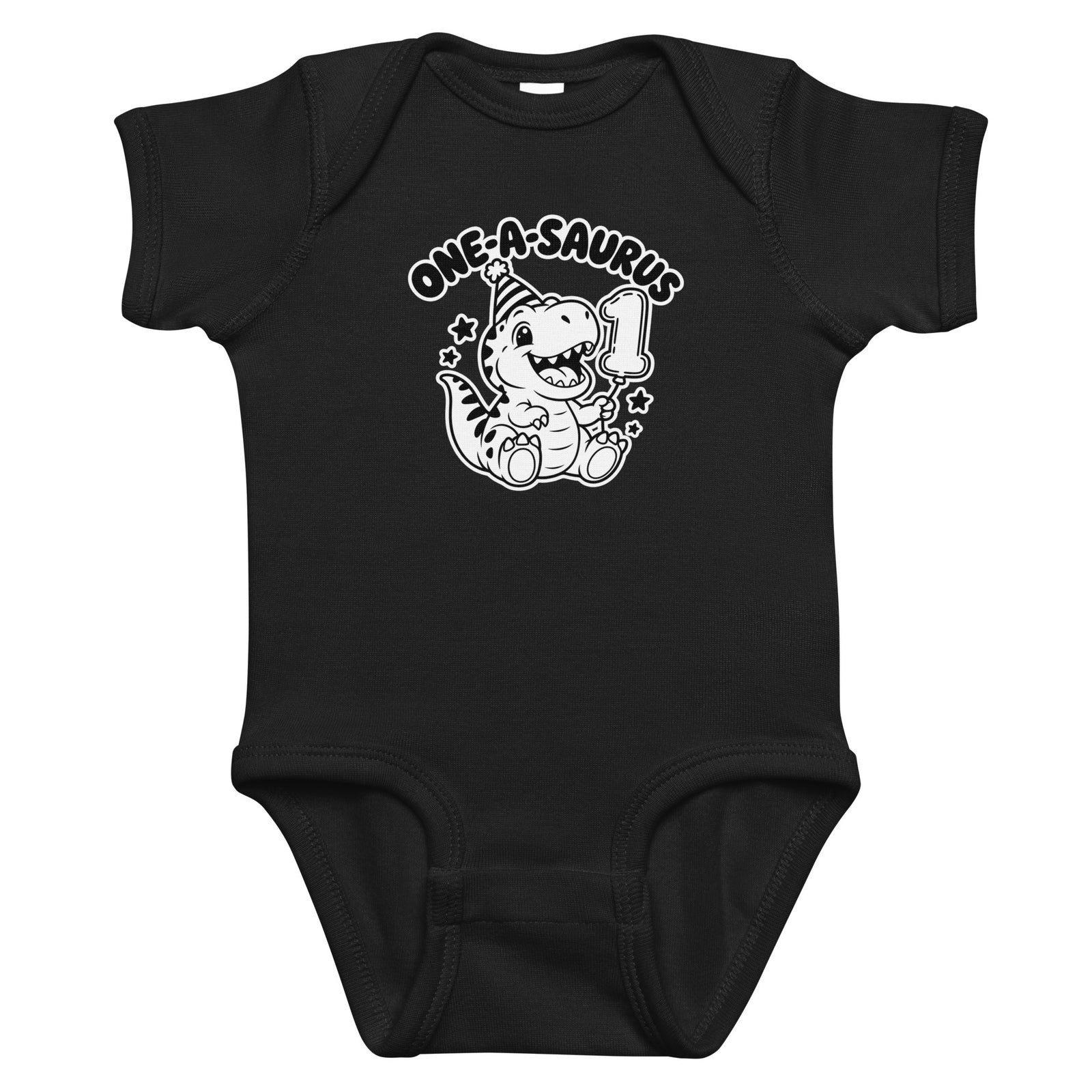 One-A-Saurus baby dinosaur first birthday bodysuit in Black, black and white baby T-rex in a party hat holding a number 1 balloon, front view
