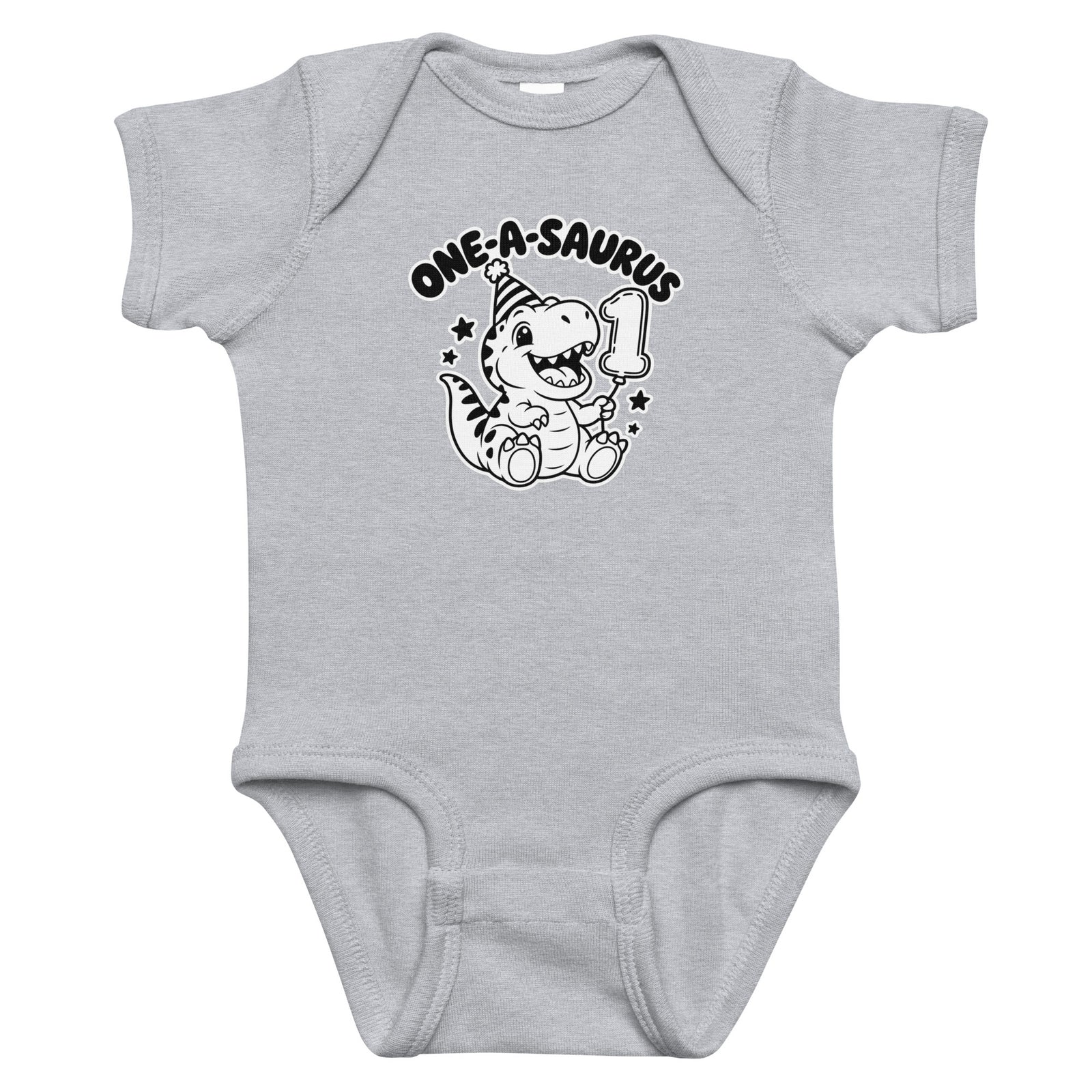 One-A-Saurus baby dinosaur first birthday bodysuit in Heather, black and white baby T-rex in a party hat holding a number 1 balloon, front view