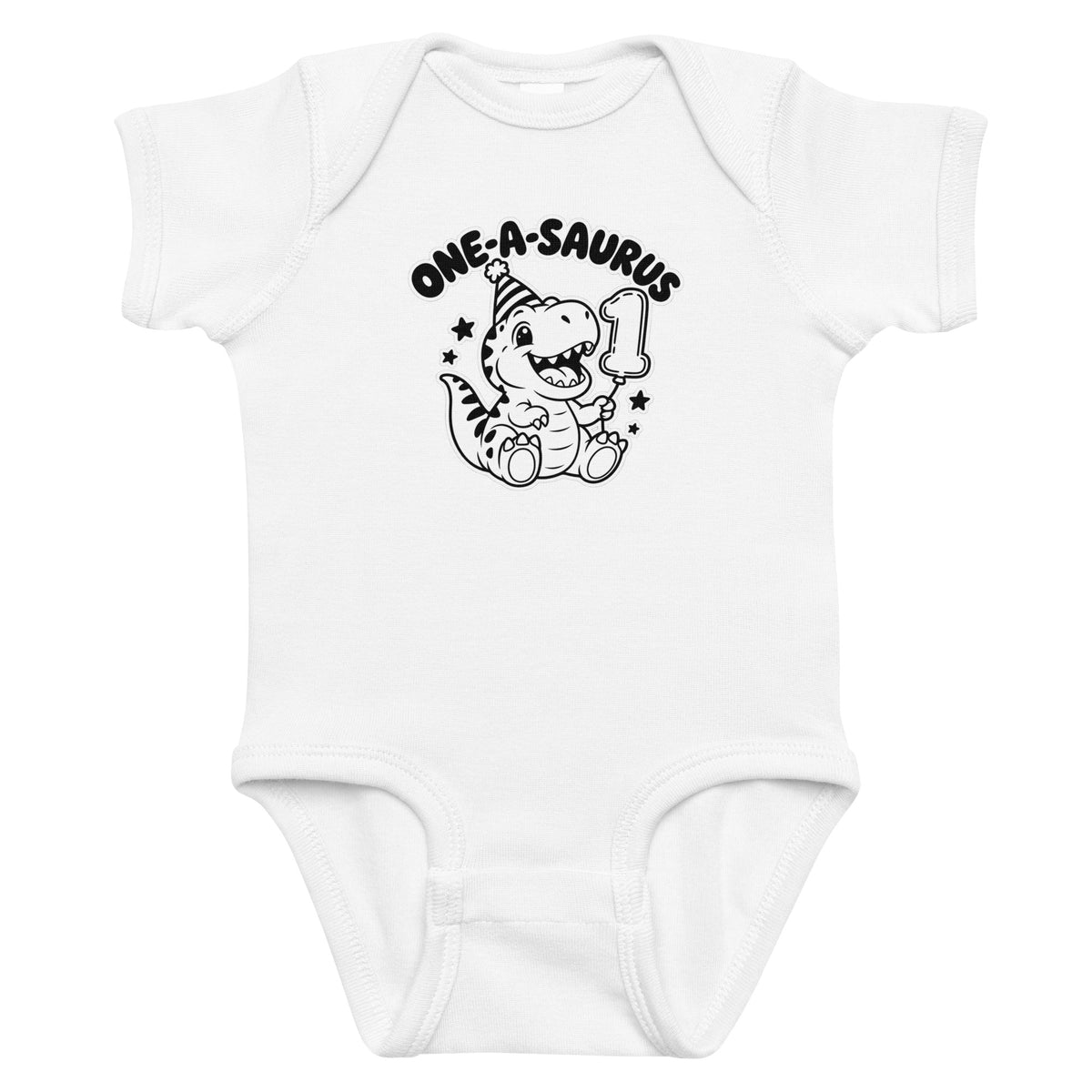 One-A-Saurus baby dinosaur first birthday bodysuit in White, black and white baby T-rex in a party hat holding a number 1 balloon, front view