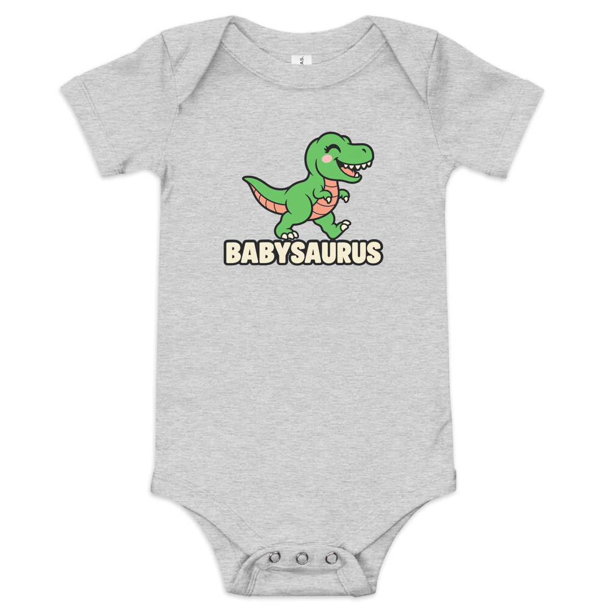 Babysaurus baby dinosaur bodysuit in Athletic Heather gray with a smiling green cartoon baby T-rex above a cream BABYSAURUS wordmark, front view