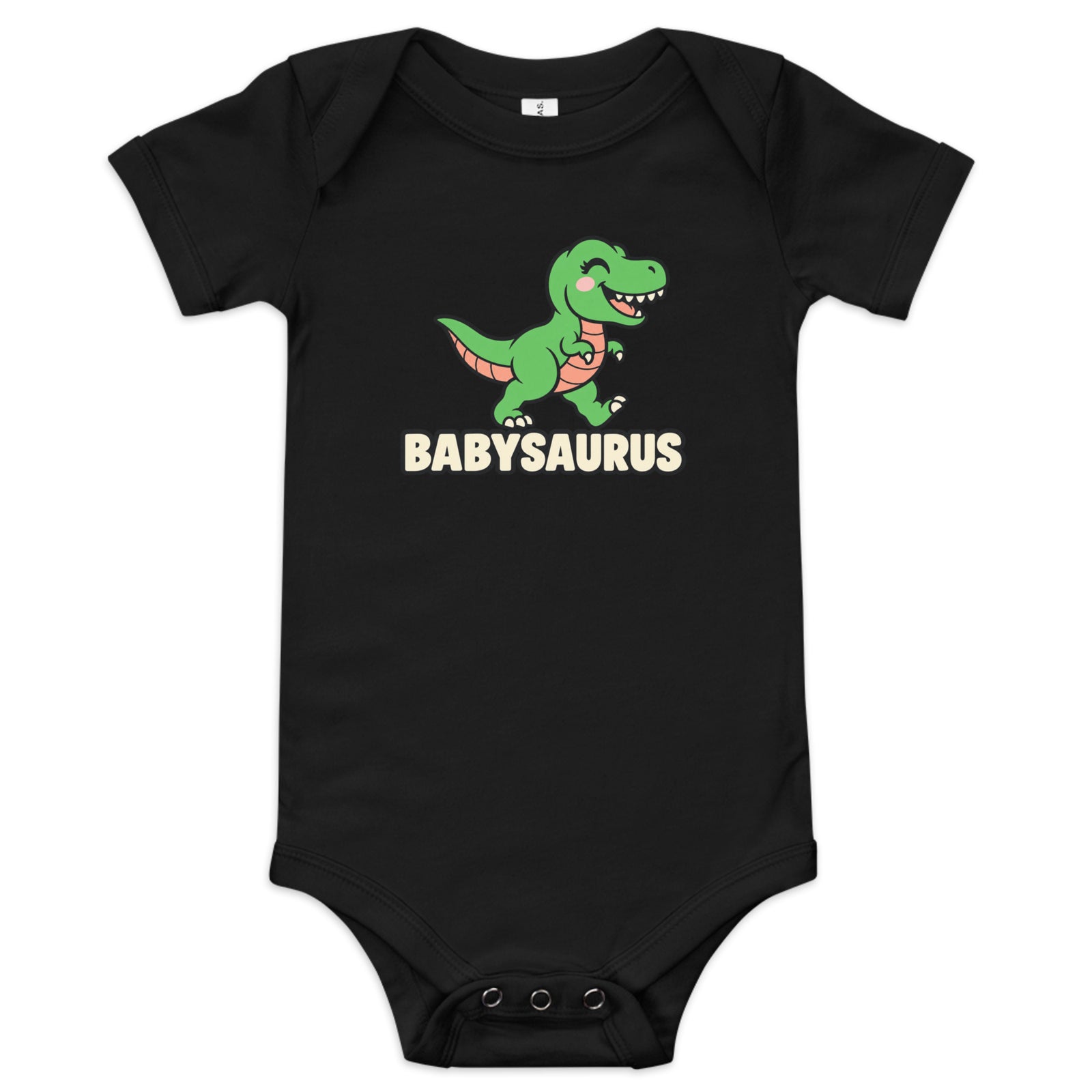 Babysaurus baby dinosaur bodysuit in Black with a smiling green cartoon baby T-rex above a cream BABYSAURUS wordmark, front view