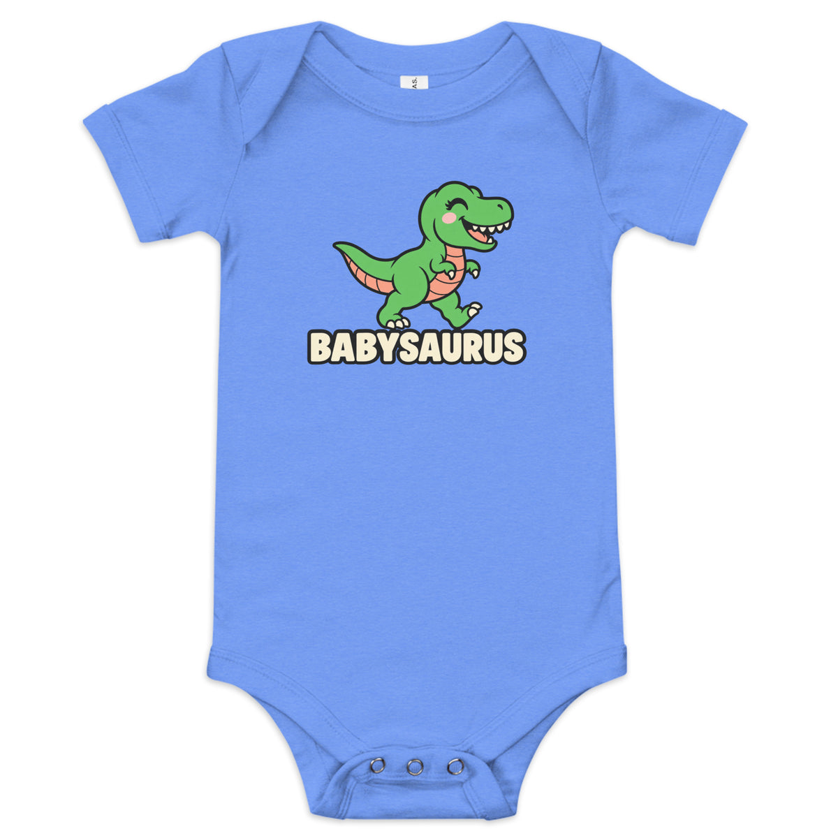 Babysaurus baby dinosaur bodysuit in Heather Columbia Blue with a smiling green cartoon baby T-rex above a cream BABYSAURUS wordmark, front view