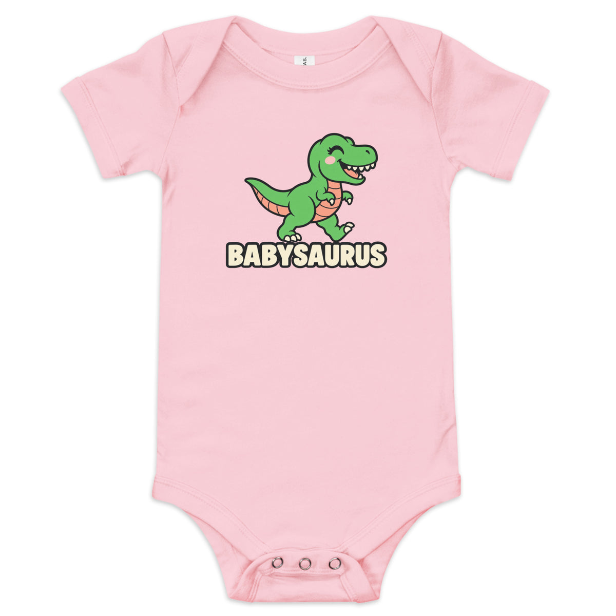 Babysaurus baby dinosaur bodysuit in Pink with a smiling green cartoon baby T-rex above a cream BABYSAURUS wordmark, front view