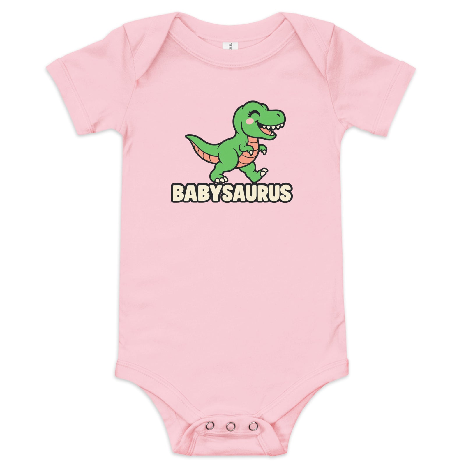 Babysaurus baby dinosaur bodysuit in Pink with a smiling green cartoon baby T-rex above a cream BABYSAURUS wordmark, front view