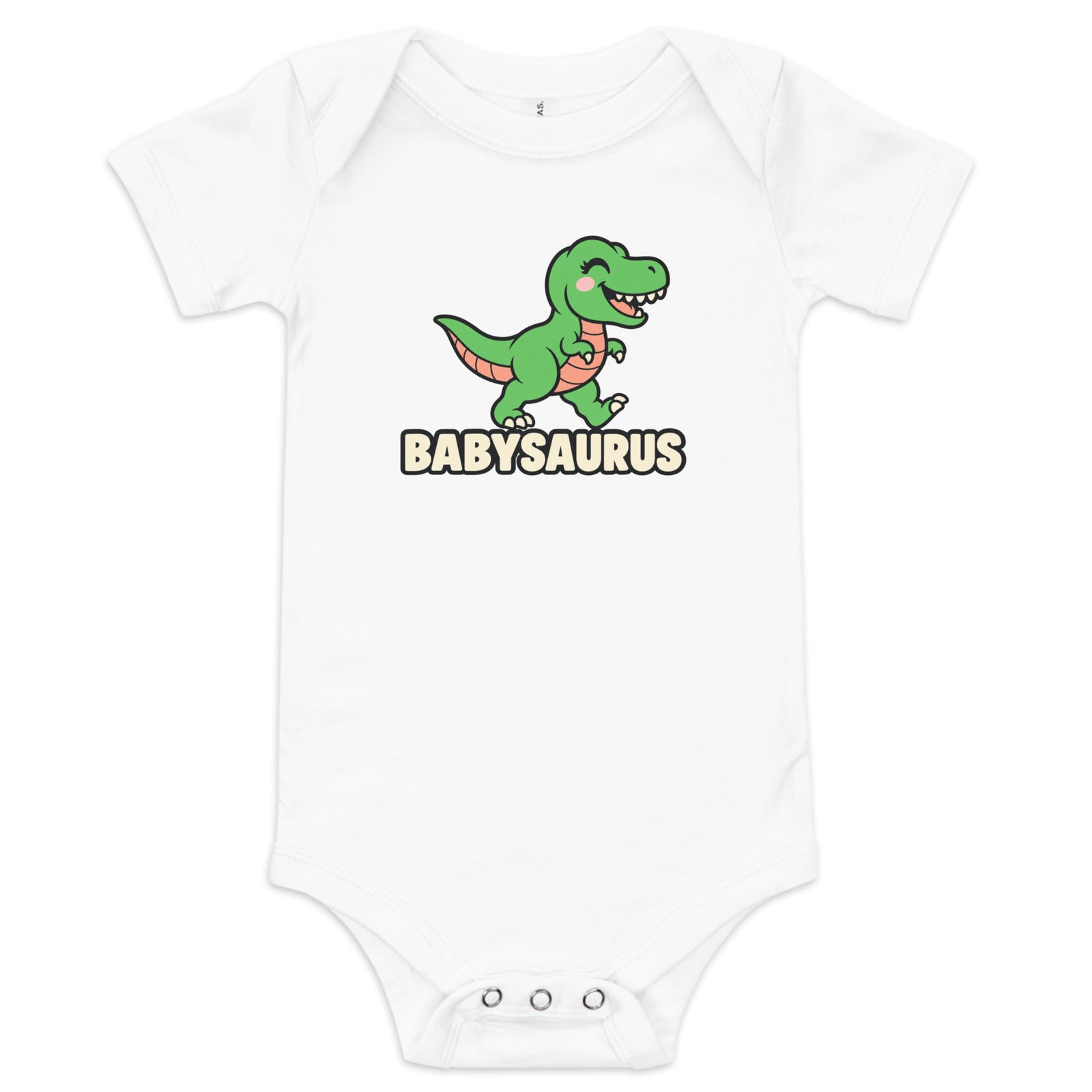 Babysaurus baby dinosaur bodysuit in White with a smiling green cartoon baby T-rex above a cream BABYSAURUS wordmark, front view