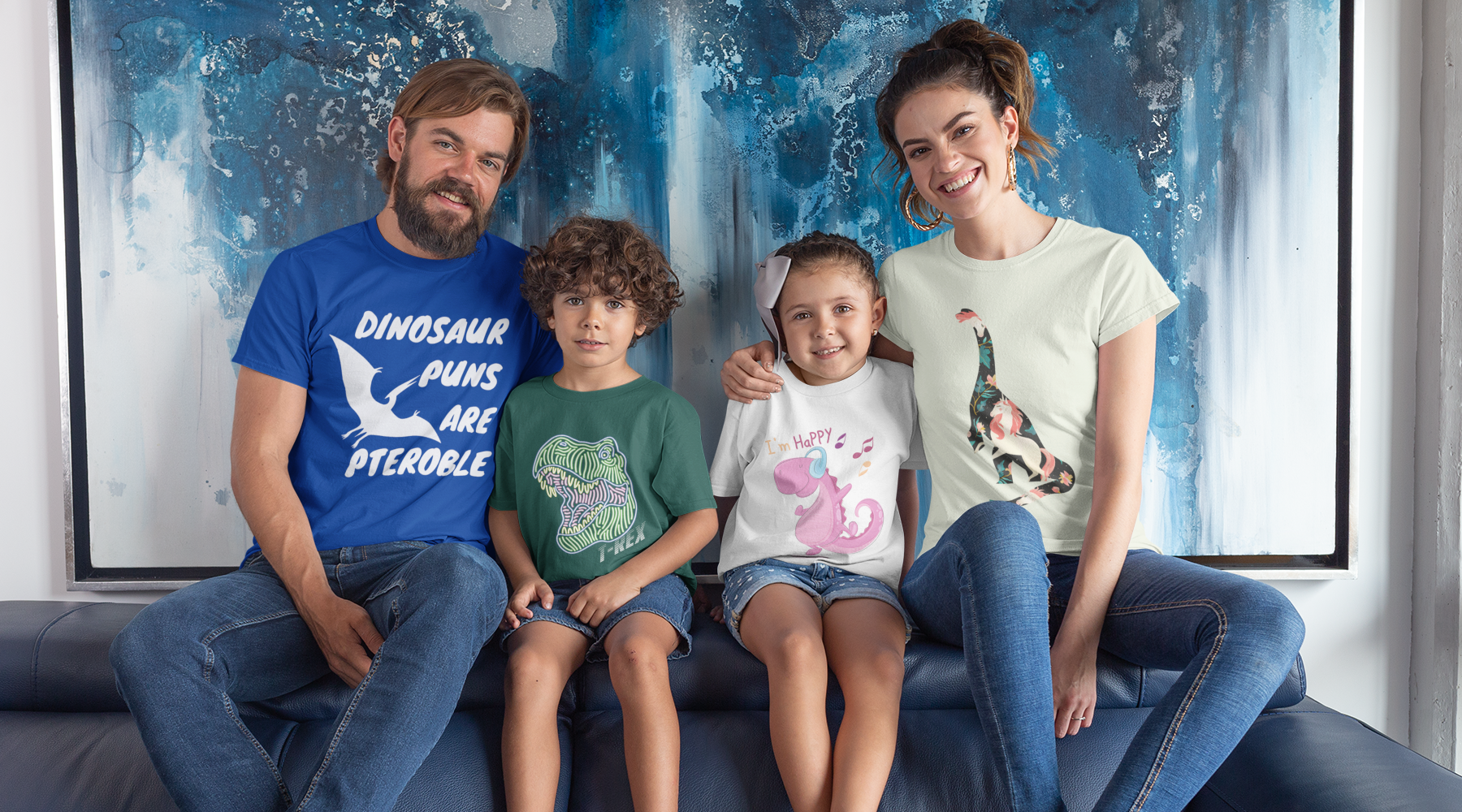 A family all wearing their favorite dinosaur t-shirts. Mom has a unicorn brontosaurus. Girl has a happy music dancing pink dinosaur. Boy has a neon t-rex shirt. And dad has a dinosaur puns are pteroble shirt.  
