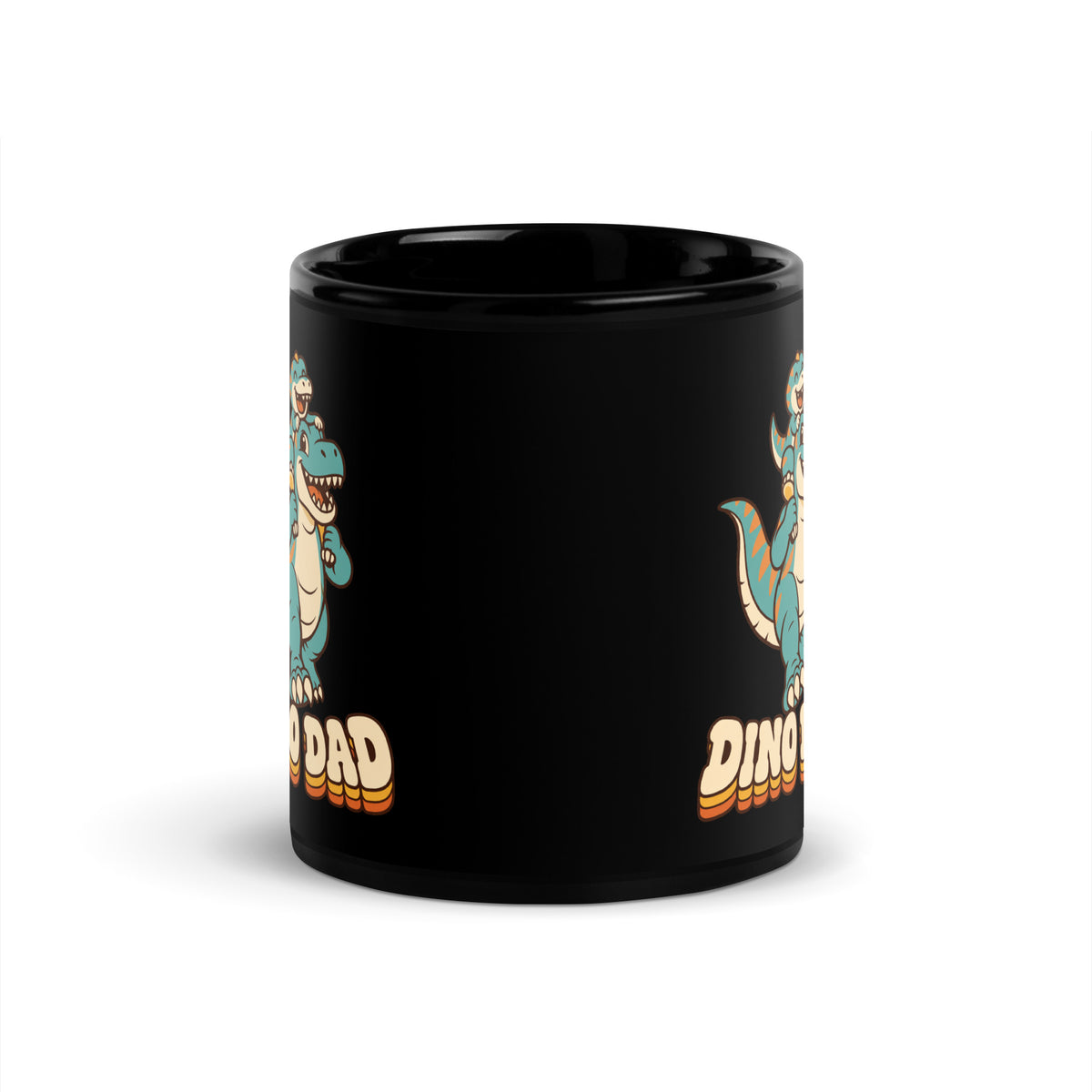 Piggyback Dino Dad black dinosaur mug with T-Rex dad and baby dino - 11 oz - front view