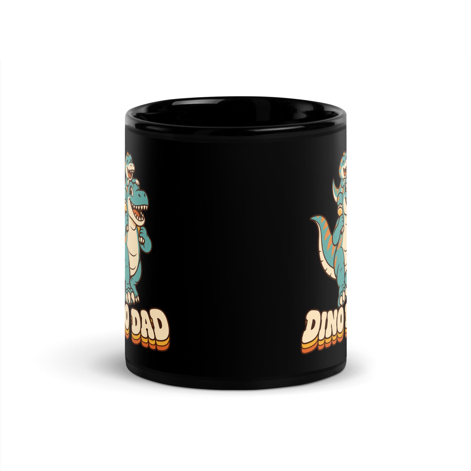 Piggyback Dino Dad black dinosaur mug with T-Rex dad and baby dino - 11 oz - handle on right