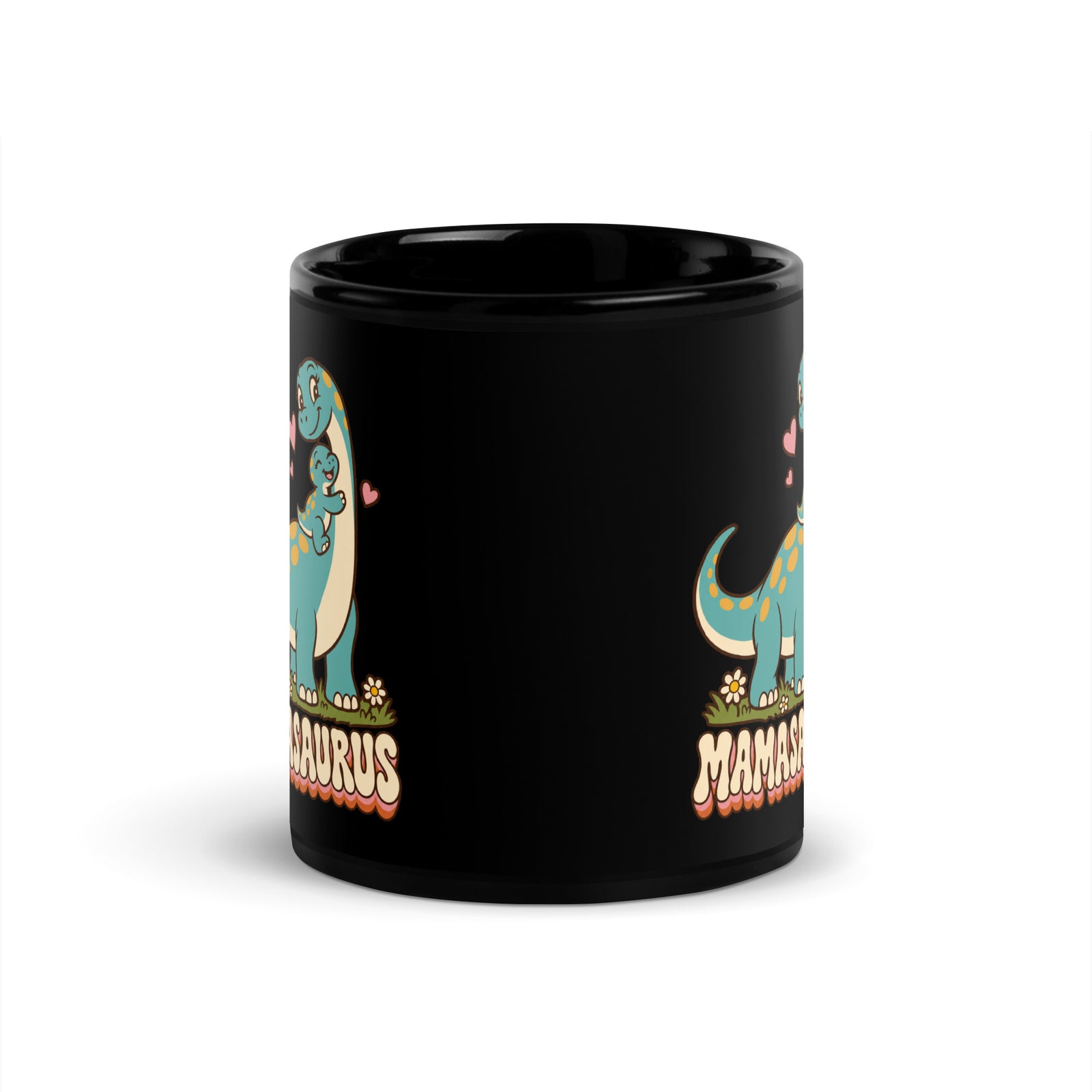 Retro Mamasaurus black dinosaur mug with mama dinosaur hugging baby - 11 oz - front view