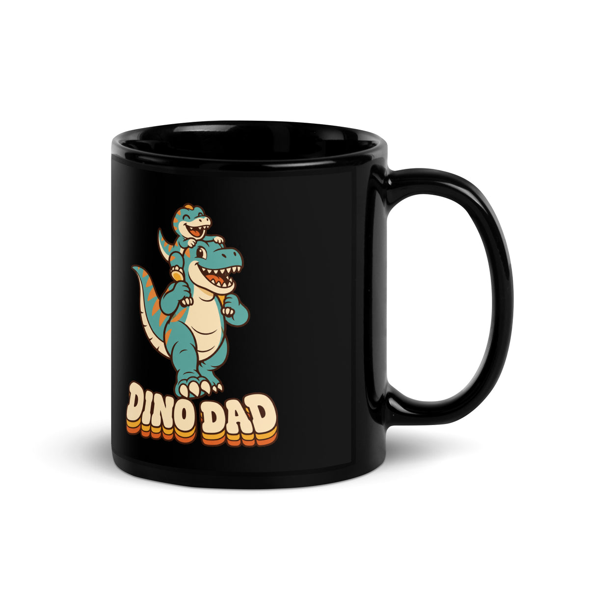 Piggyback Dino Dad black dinosaur mug with T-Rex dad and baby dino - 11 oz - handle on right