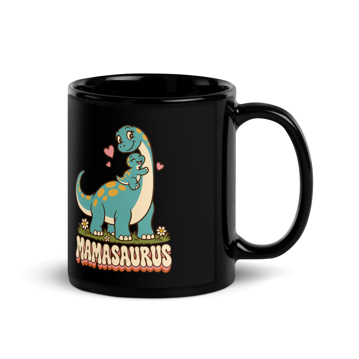 Retro Mamasaurus black dinosaur mug with mama dinosaur hugging baby - 11 oz - handle on right