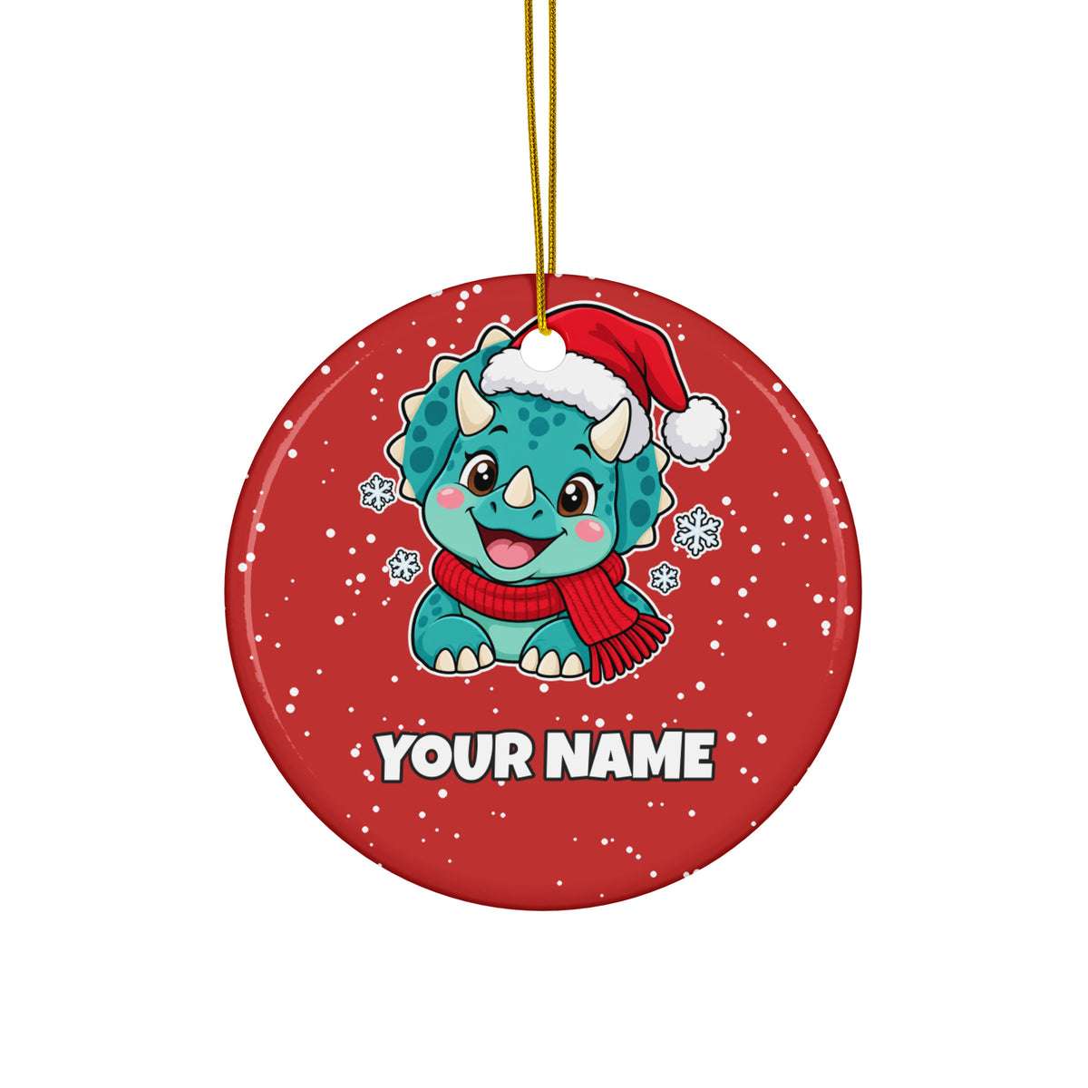 Santa Triceratops personalized dinosaur Christmas ornament, Printful preview with placeholder text YOUR NAME where the name prints