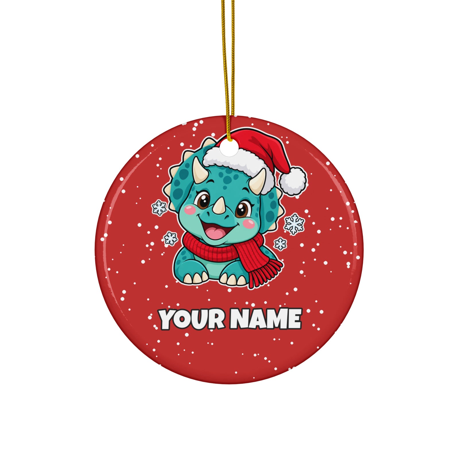 Santa Triceratops personalized dinosaur Christmas ornament, Printful preview with placeholder text YOUR NAME where the name prints