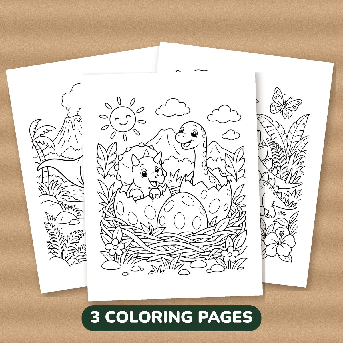 Dinosaur coloring pages printable 3-pack bundle (printed preview)