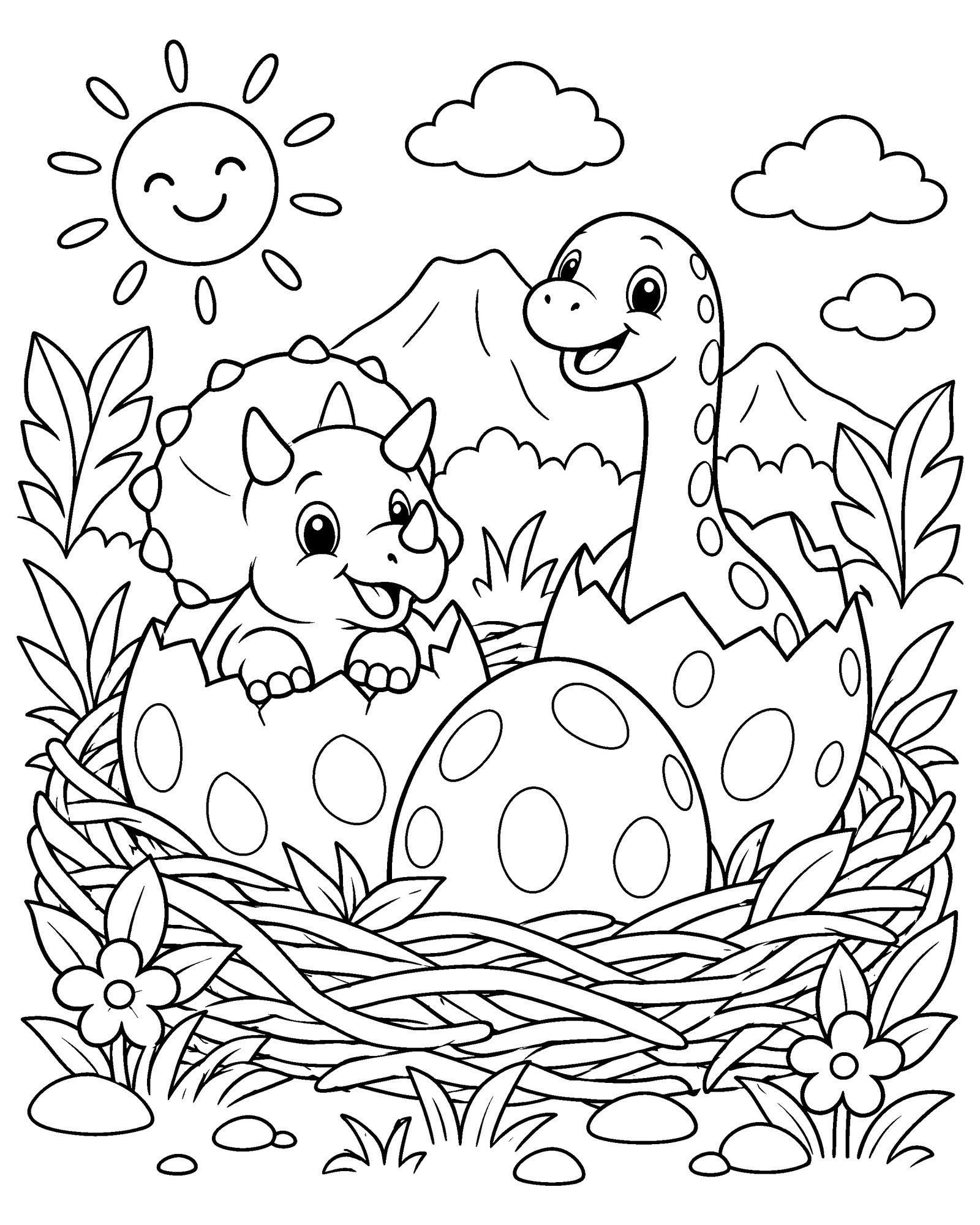 Hatching dinosaur eggs coloring page printable