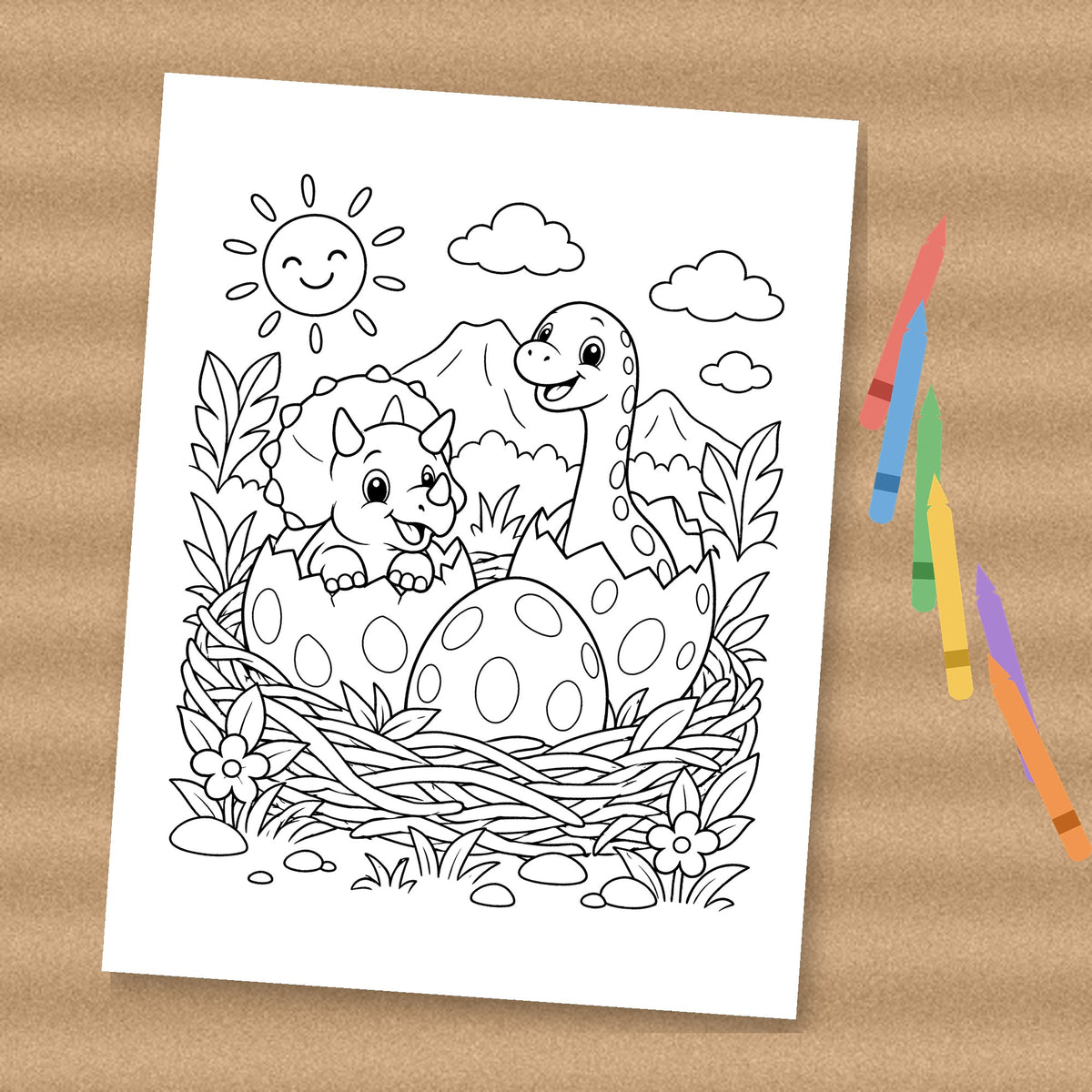 Hatching dinosaur eggs coloring page printable (printed preview)