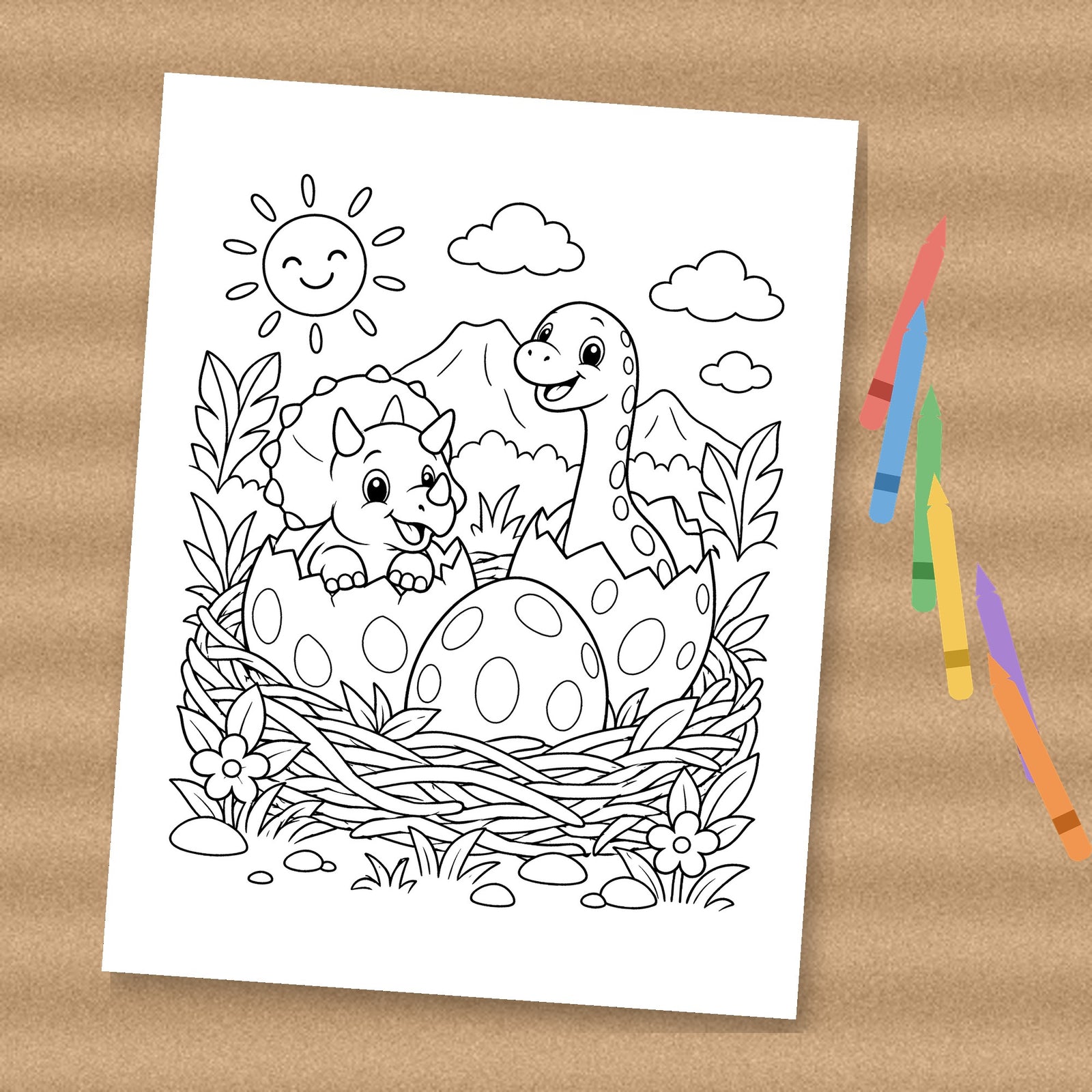 Hatching dinosaur eggs coloring page printable (printed preview)