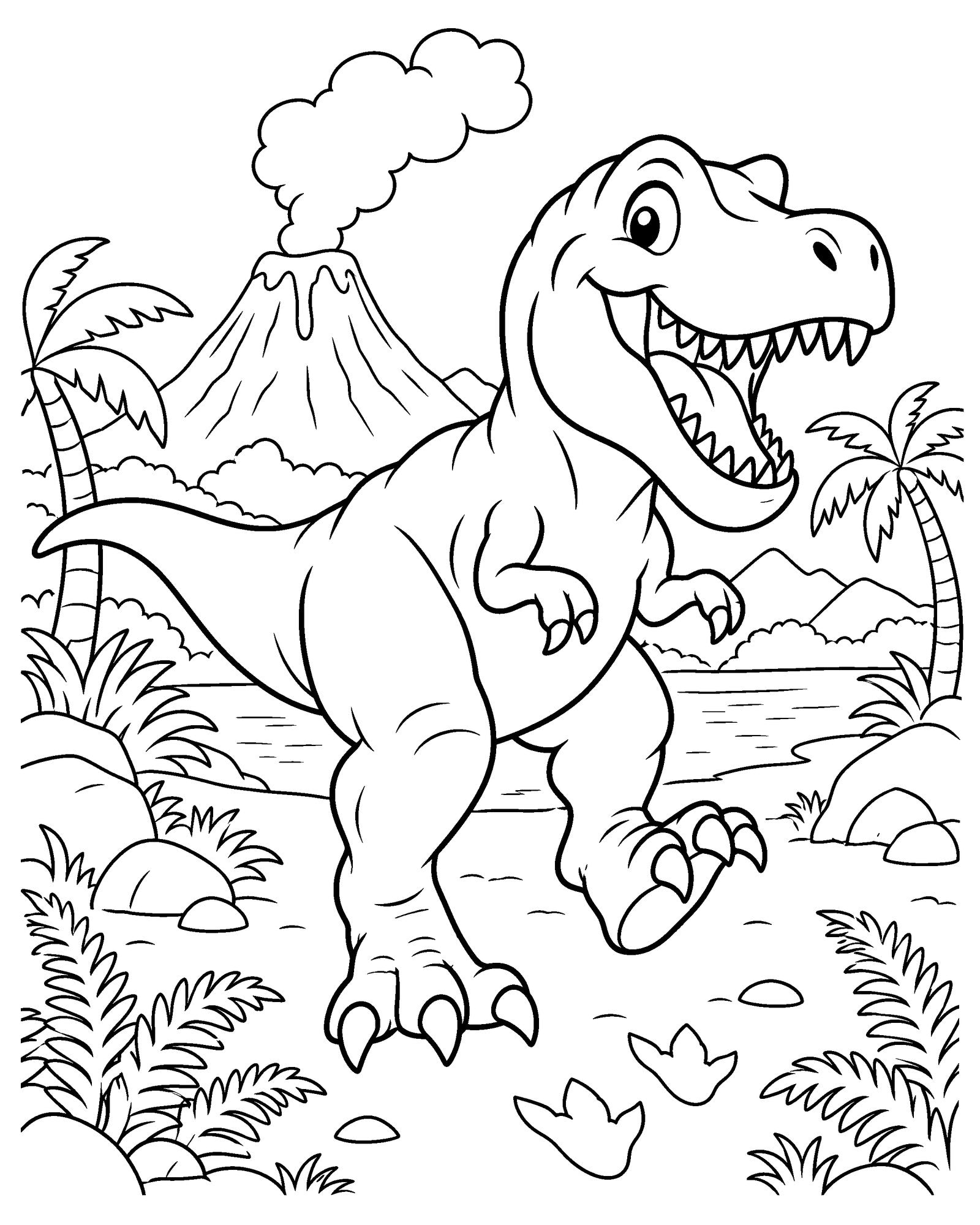 T-rex volcano dinosaur coloring page printable