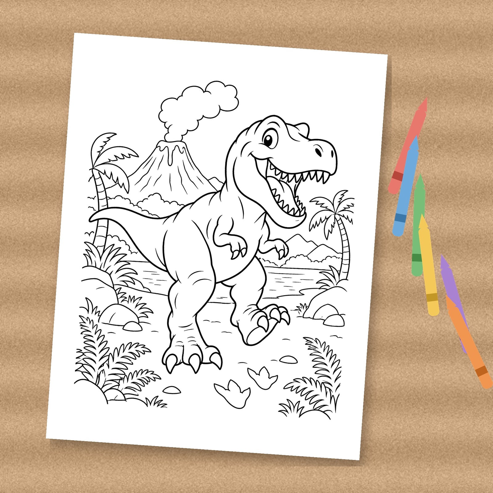 T-rex volcano dinosaur coloring page printable (printed preview)