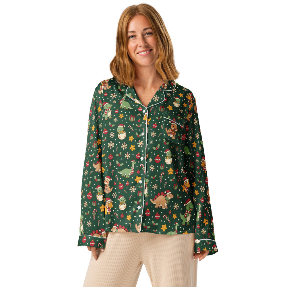 Cozy Christmas Dinos women's long sleeve button-up dinosaur Christmas pajama top - front view