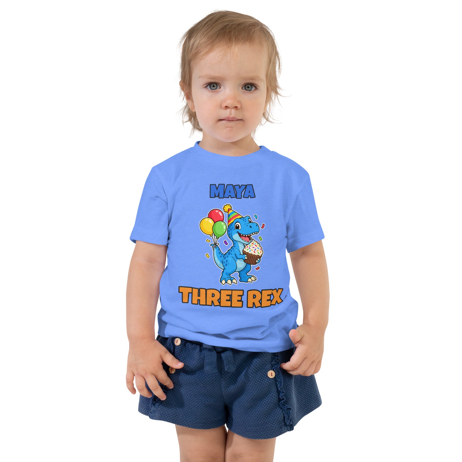 Birthday Rex personalized toddler dinosaur birthday t-shirt in Heather Columbia Blue, blue party-hat T-rex with cupcake and balloons between the name MAYA and THREE REX, worn by a child, front view
