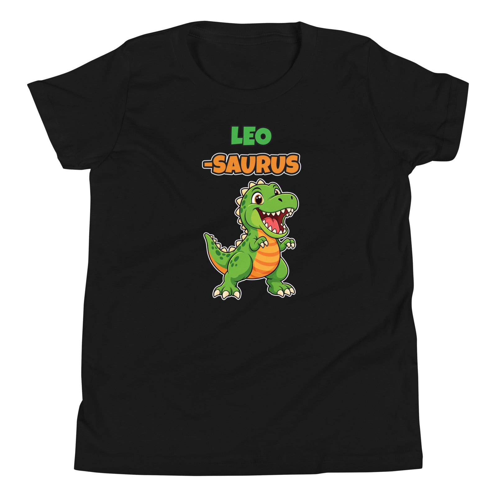 Name-Saurus personalized kids dinosaur t-shirt in Black, green cartoon T-rex under the name LEO and the word SAURUS, flat front view