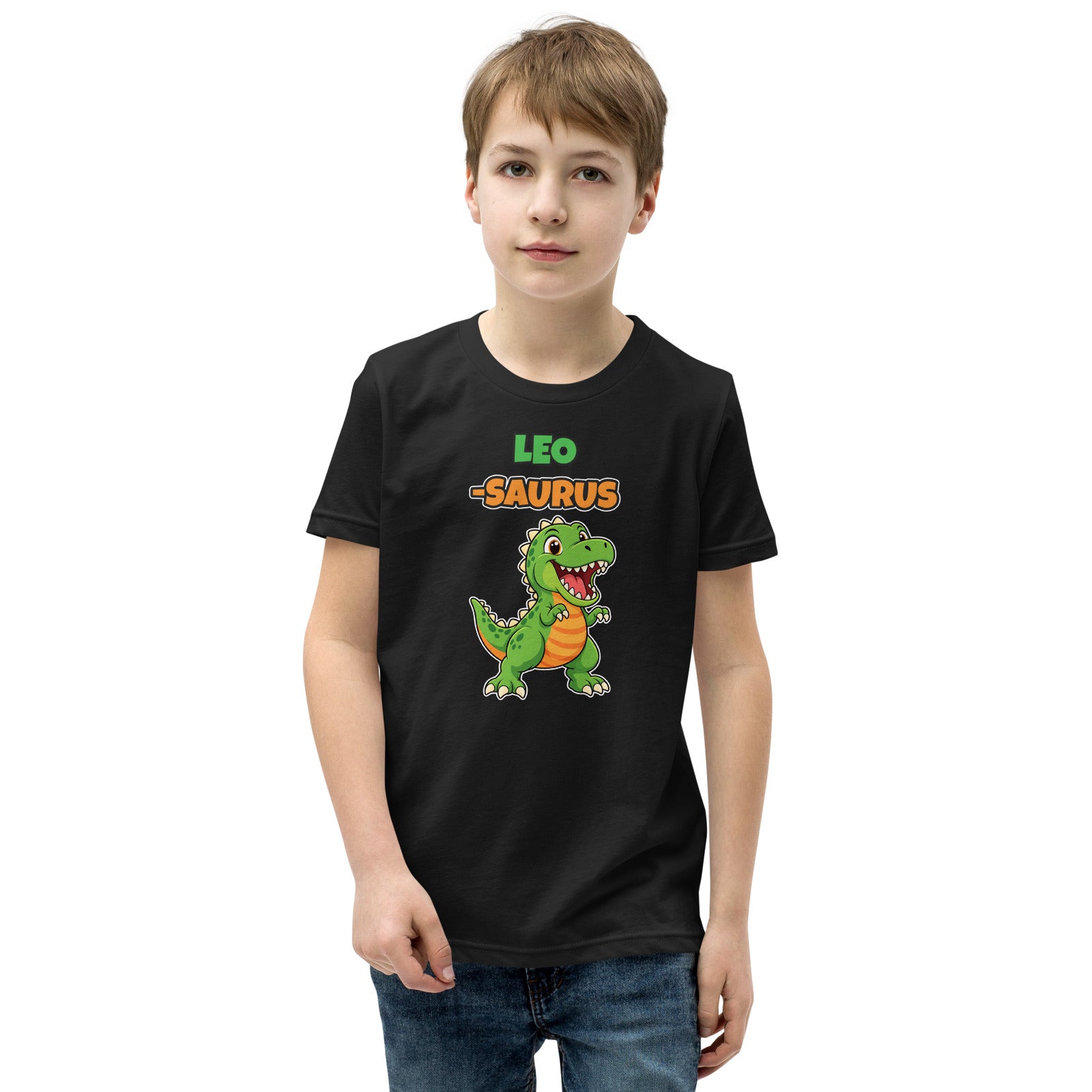 Name-Saurus personalized kids dinosaur t-shirt in Black, green cartoon T-rex under the name LEO and the word SAURUS, worn by a child, front view