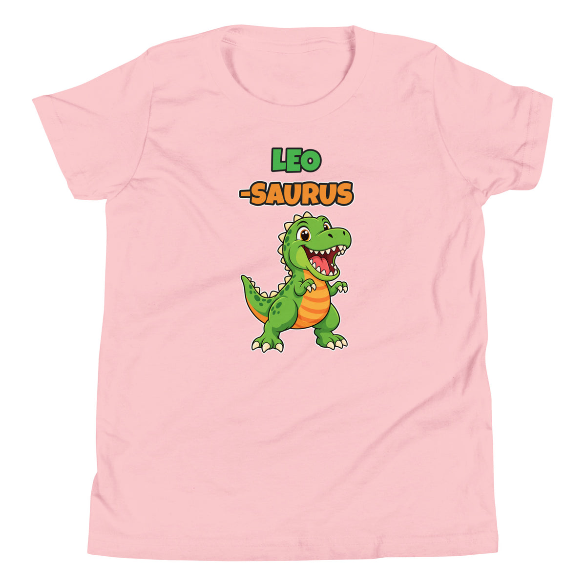 Name-Saurus personalized kids dinosaur t-shirt in Pink, green cartoon T-rex under the name LEO and the word SAURUS, flat front view