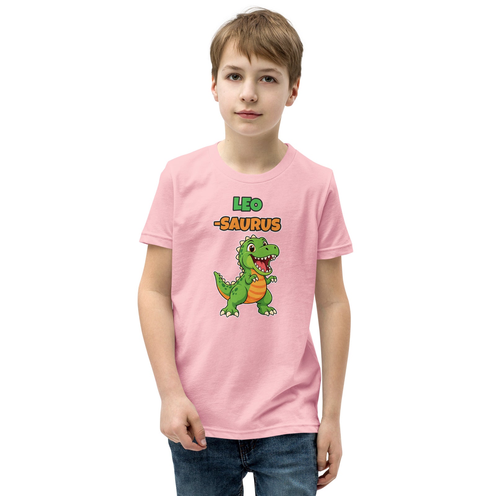 Name-Saurus personalized kids dinosaur t-shirt in Pink, green cartoon T-rex under the name LEO and the word SAURUS, worn by a child, front view