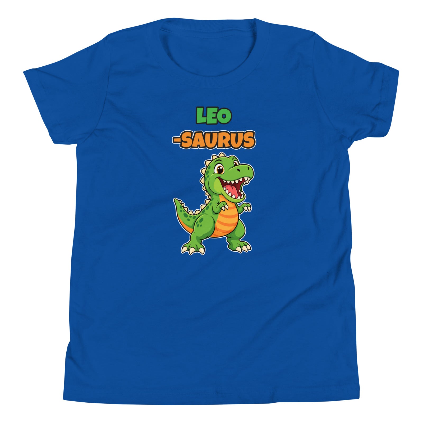 Name-Saurus personalized kids dinosaur t-shirt in True Royal, green cartoon T-rex under the name LEO and the word SAURUS, flat front view