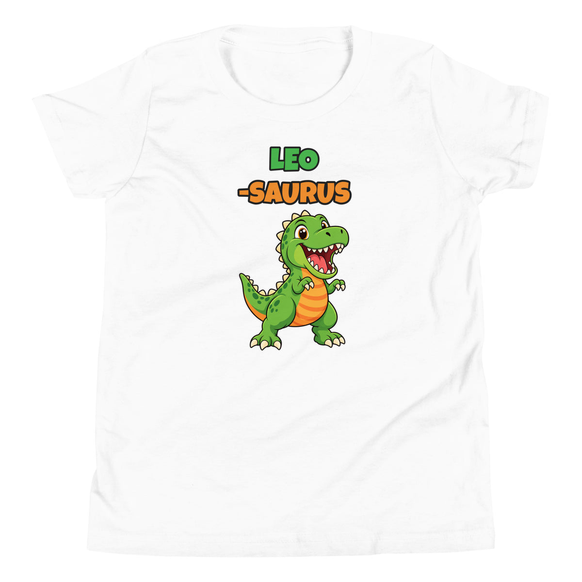 Name-Saurus personalized kids dinosaur t-shirt in White, green cartoon T-rex under the name LEO and the word SAURUS, flat front view
