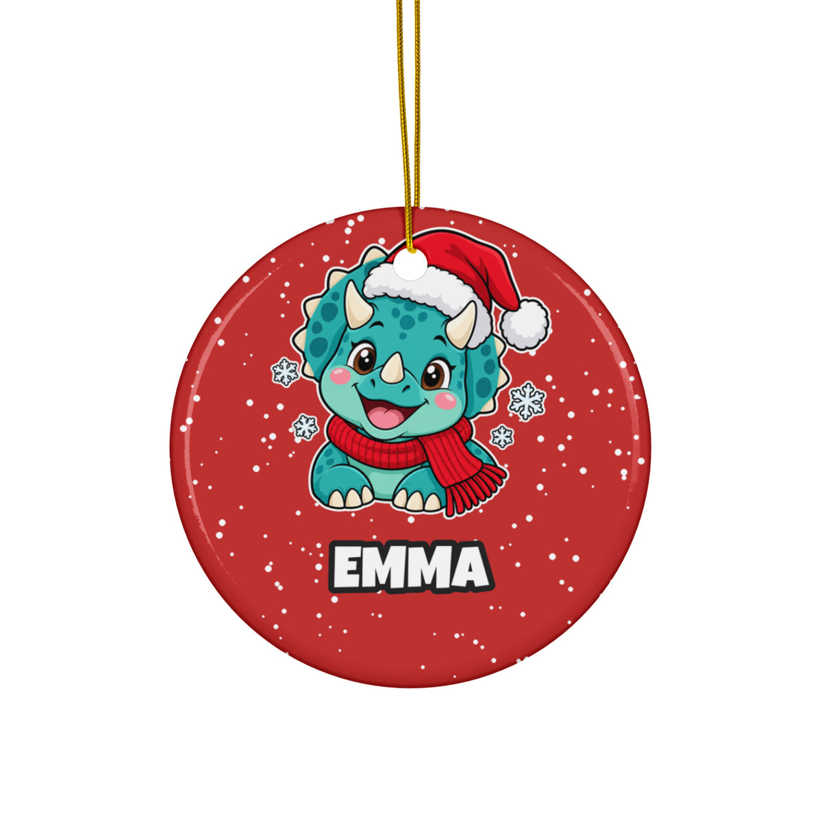 Santa Triceratops personalized dinosaur Christmas ornament, teal triceratops in a Santa hat above the name EMMA on a red snowy circle, shown at actual print size