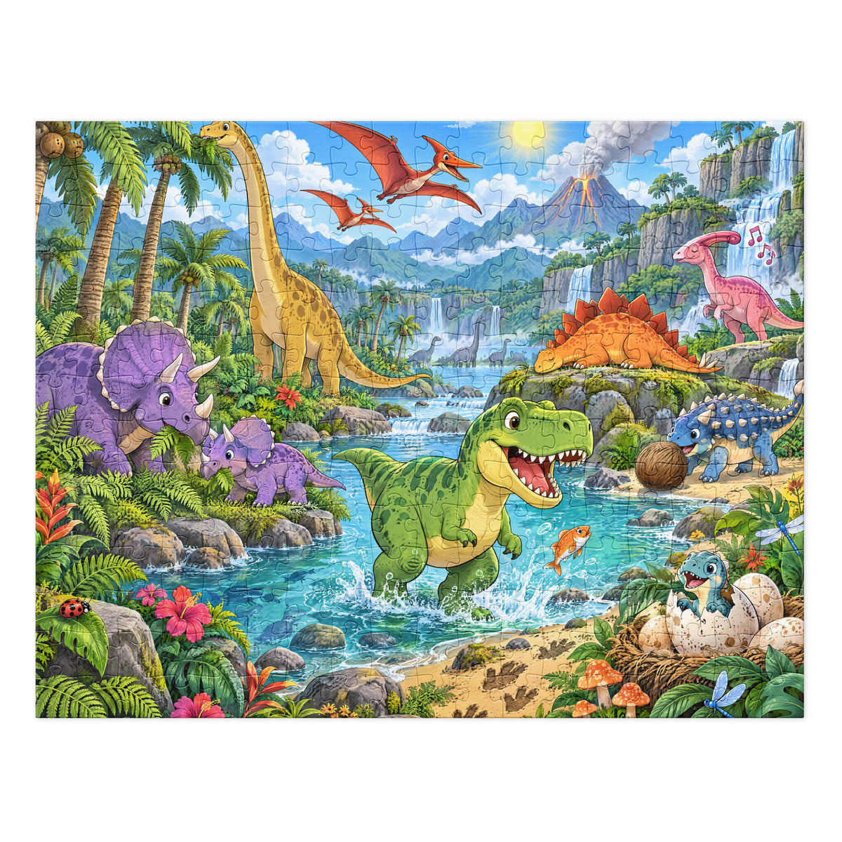 Dino Valley dinosaur puzzle, 252 pieces, bright cartoon scene with a T-rex splashing in a river, triceratops, long-neck dinosaur and volcano
