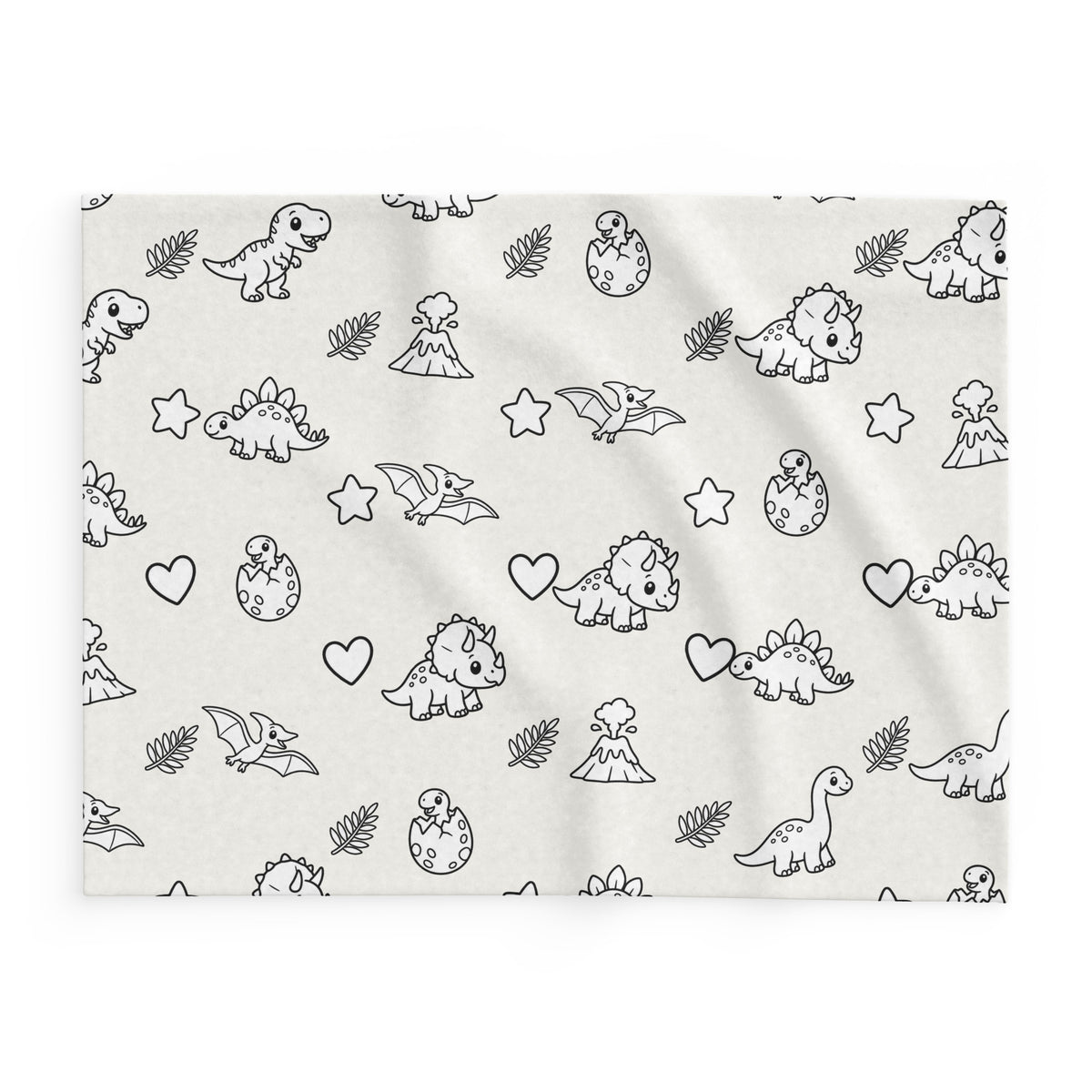 Dino Nursery baby dinosaur fleece blanket, black line-art baby dinosaurs, eggs, volcanoes, ferns, stars and hearts on warm white