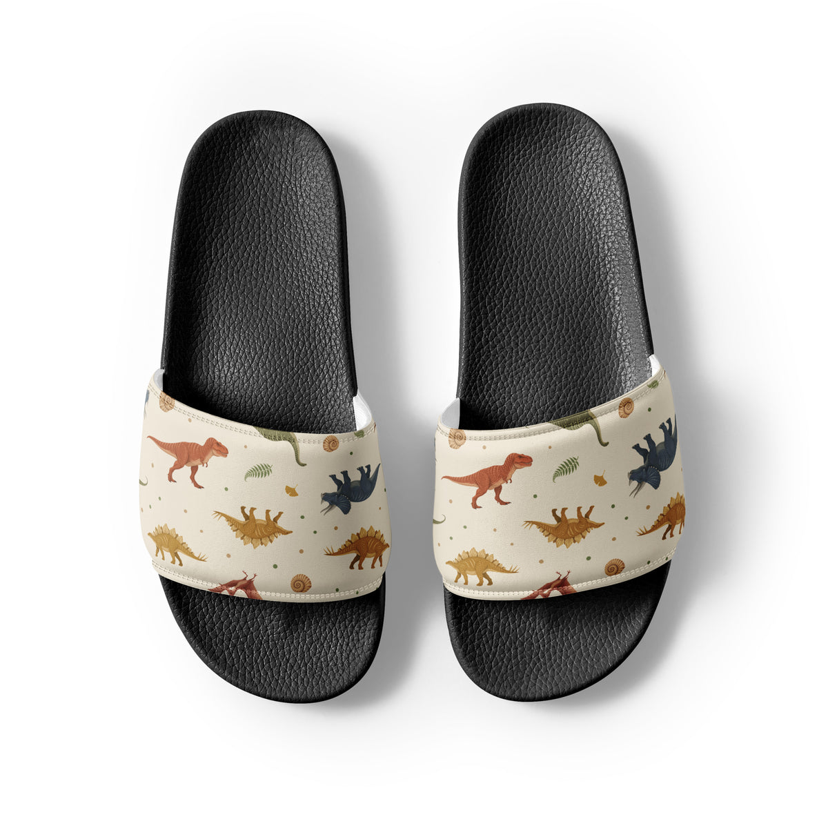 Fossil Botanica dinosaur slides with black soles, T-Rex, triceratops and ammonite fossil print