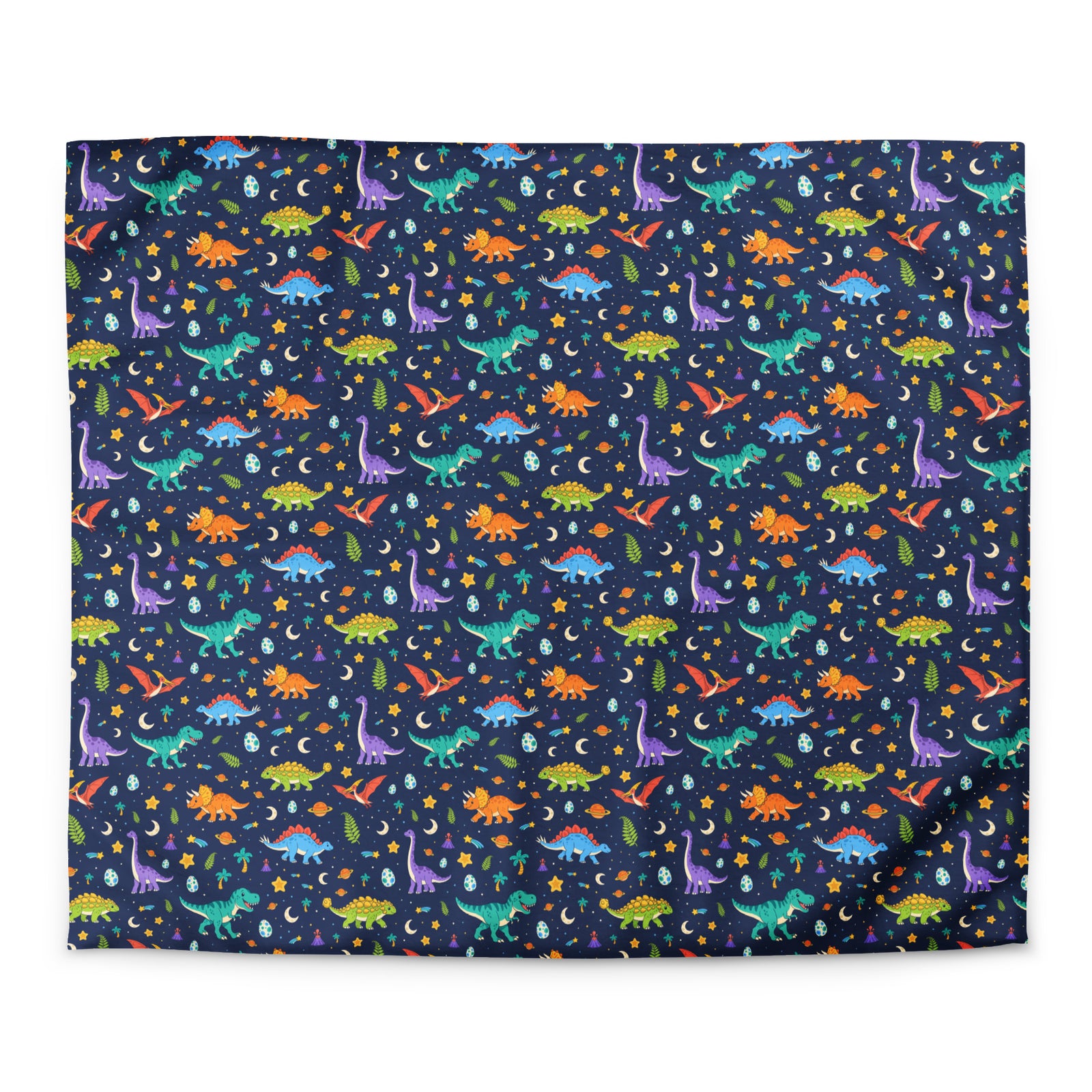 Dino Dreams dinosaur duvet cover in king size, all-over pattern of colorful dinosaurs, dino eggs, volcanoes, palm trees and stars on navy